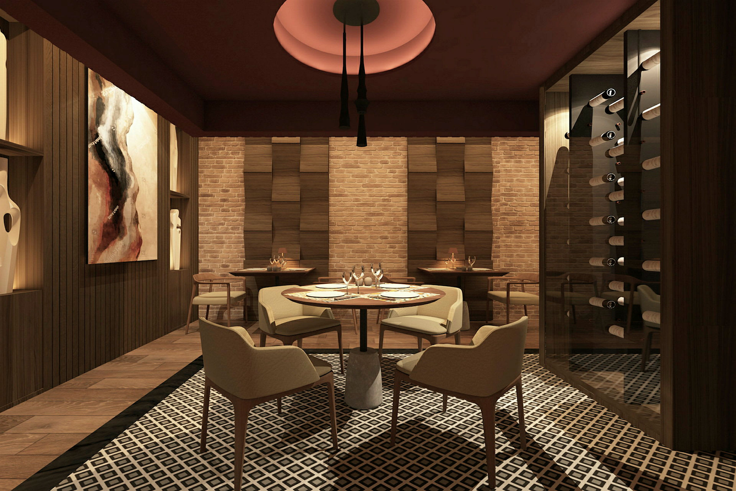 En modernt inredd restaurang med trädetaljer, en hylla fylld med vinflaskor och konst på väggarna. (AI-genererad text)