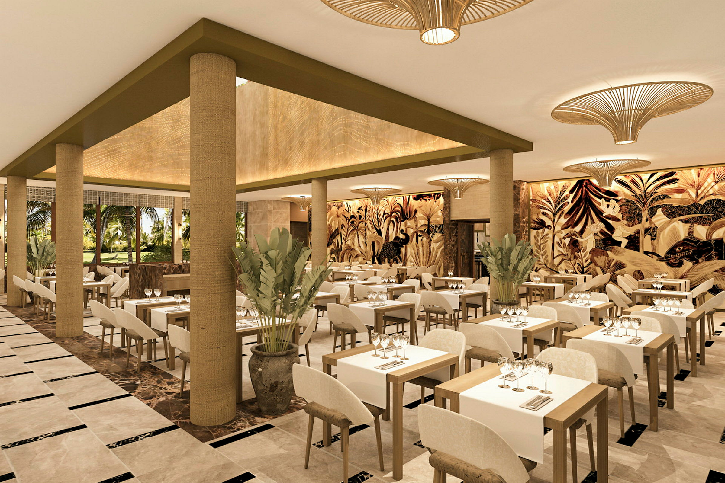 En elegant restaurang med ljusa träbord, vita dukar och en tropisk väggmålning. (AI-genererad text)