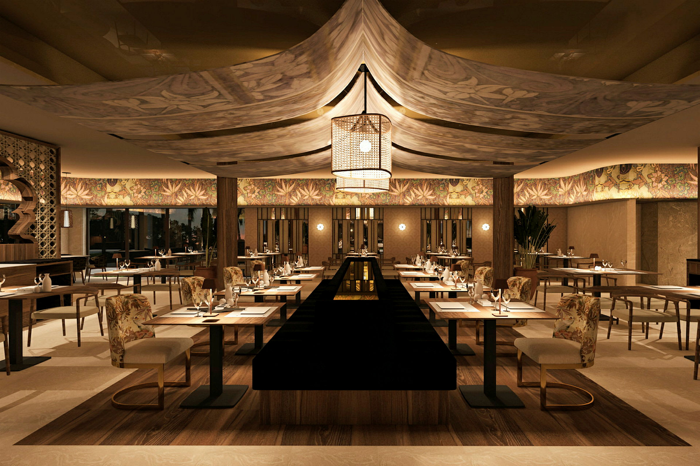 En stämningsfullt inredd restaurang med dukade bord och bekväma stolar. (AI-genererad text)