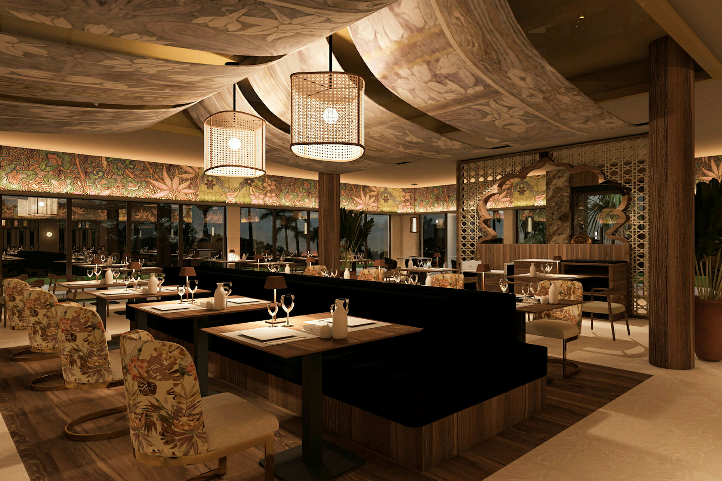 En elegant restaurang med dekorativa takpaneler och stiliga bord och stolar. (AI-genererad text)
