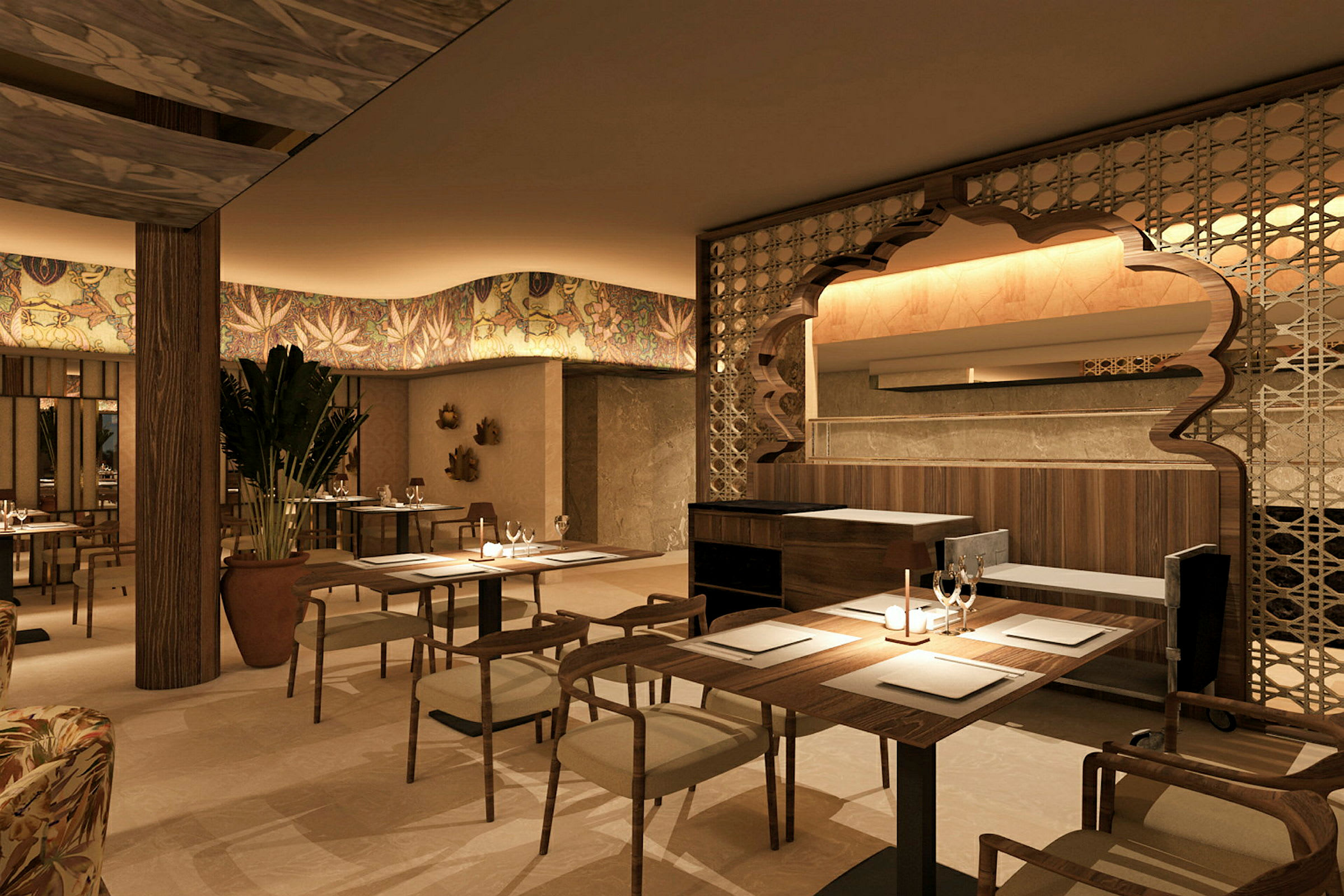 En elegant restauranginredning i varma, dämpade färger, med bord och stolar arrangerade för att skapa en mysig atmosfär. (AI-genererad text)