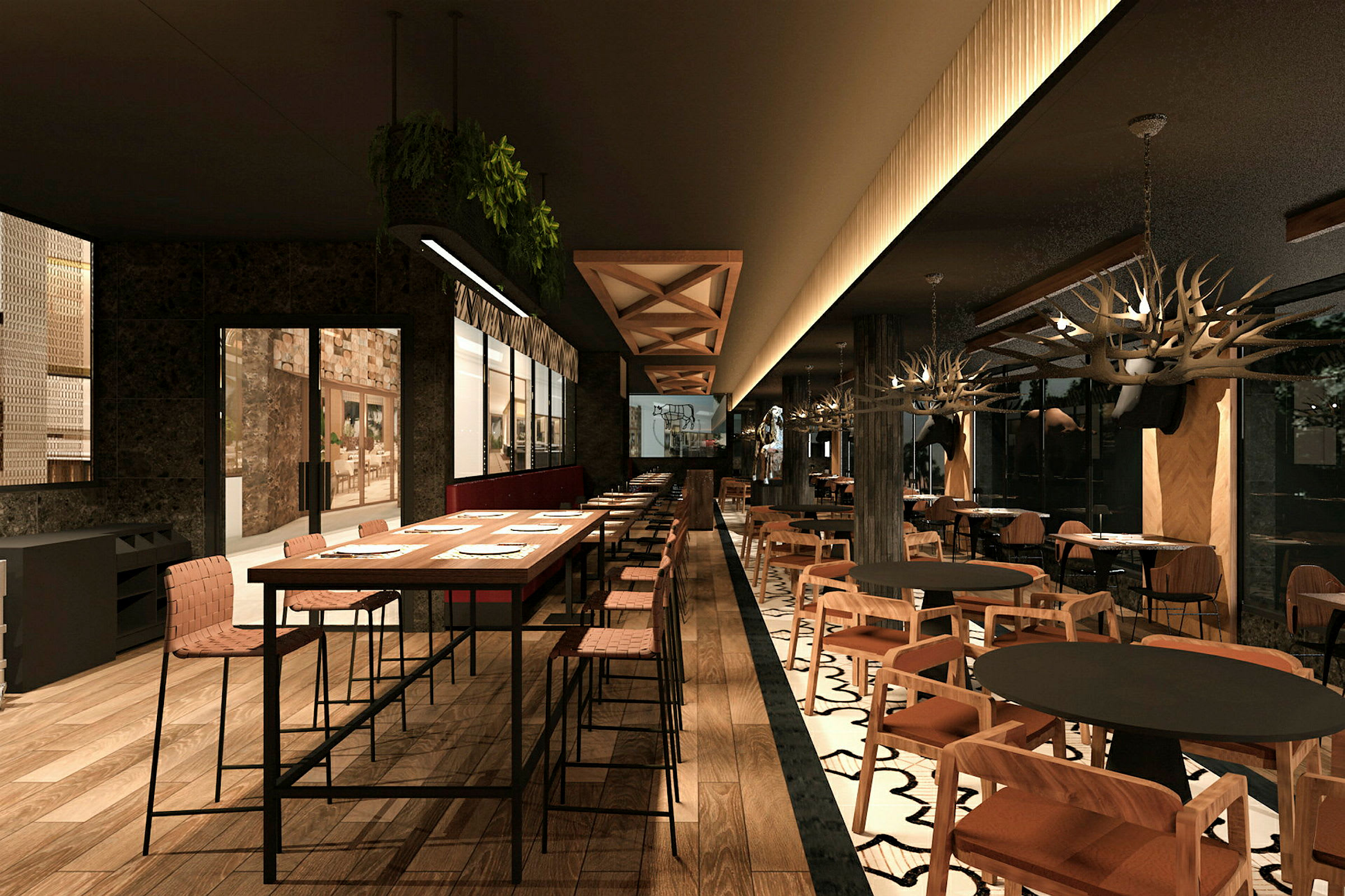 En modern och stilfull restaurang med träbord och stolar, samt dekorativa taklampor formade som horn. (AI-genererad text)