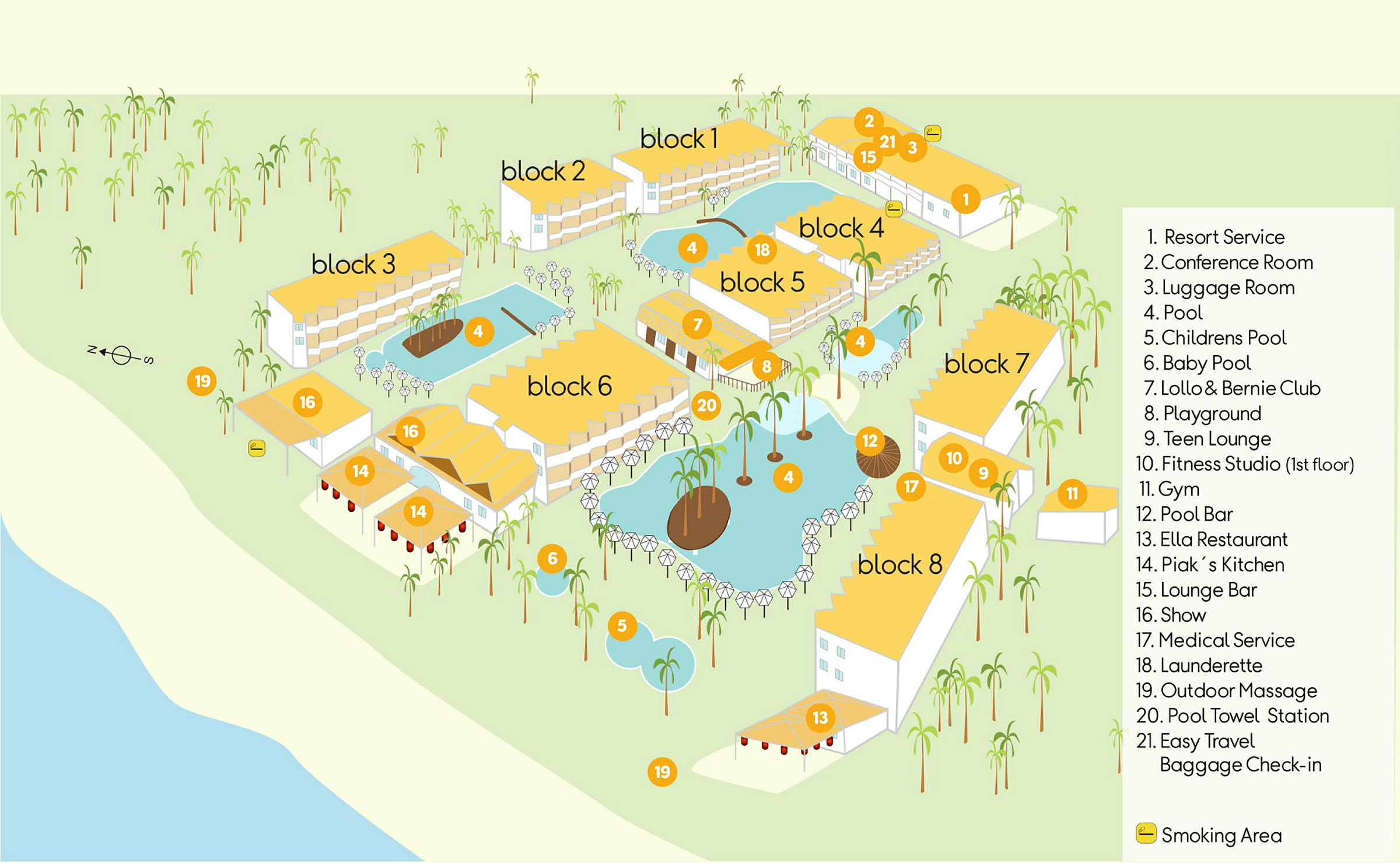 En översiktskarta som visar layouten av ett resortområde med markerade byggnader, faciliteter och områden. (AI-genererad text)
