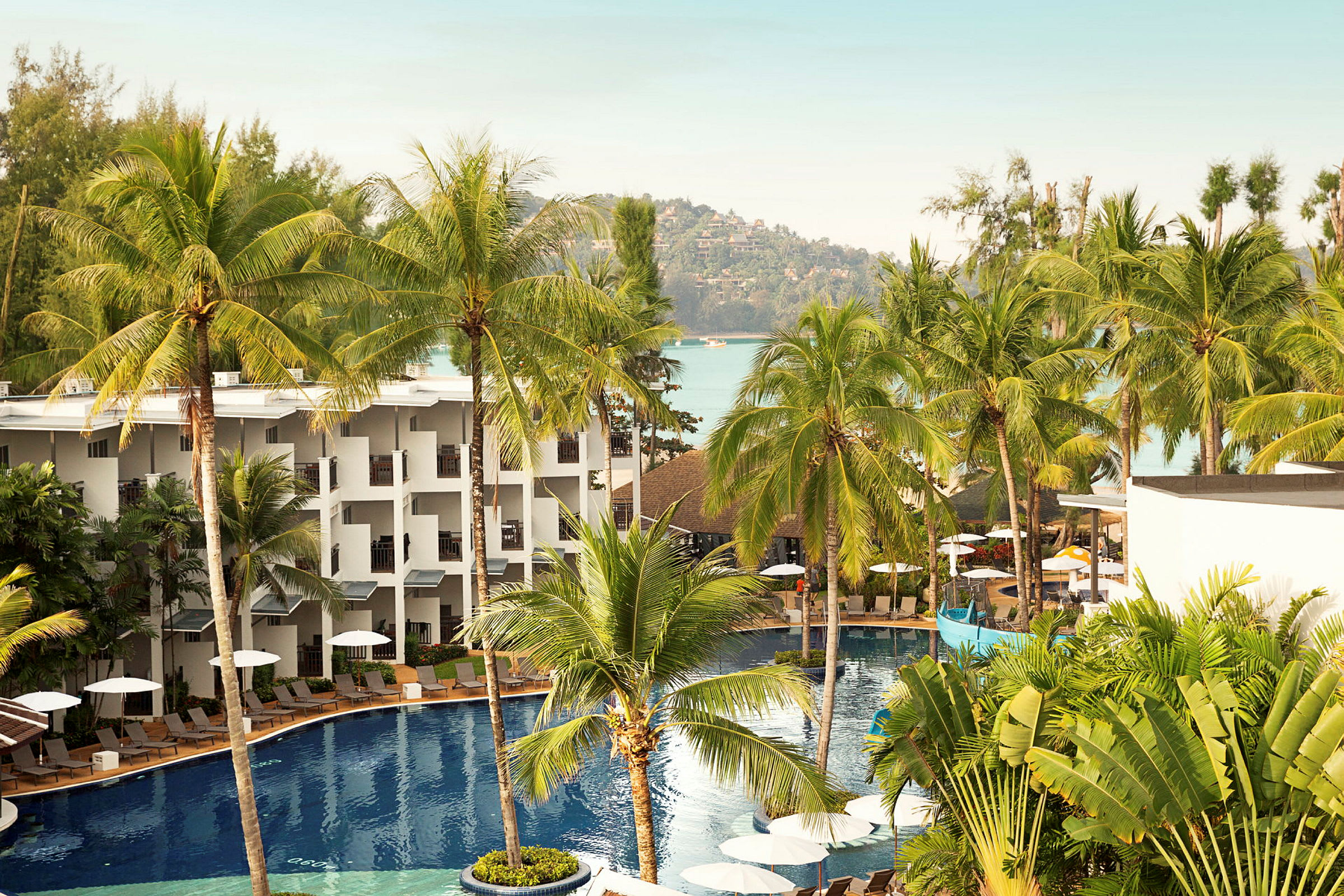 Ett hotellområde med palmträd, vit byggnad och en pool. (AI-genererad text)