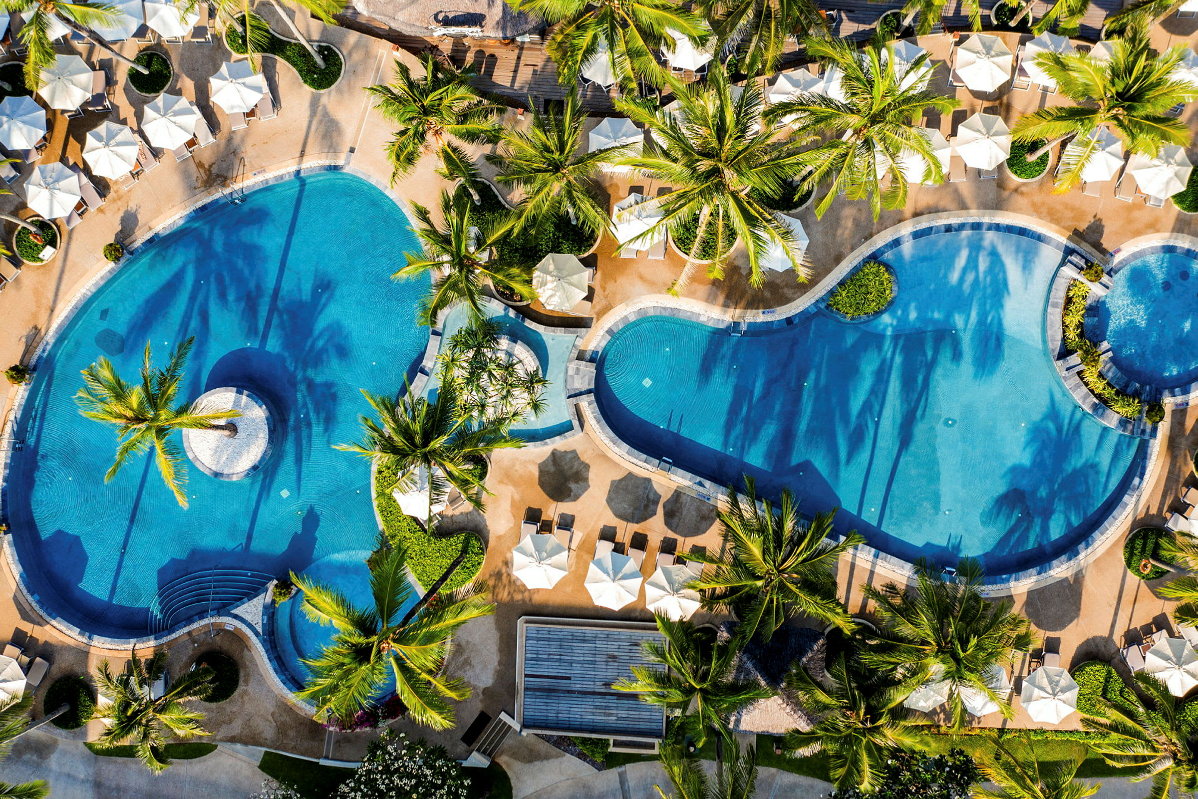 Vy ovanifrån av två swimmingpooler omgivna av solstolar, parasoller och palmer. (AI-genererad text)