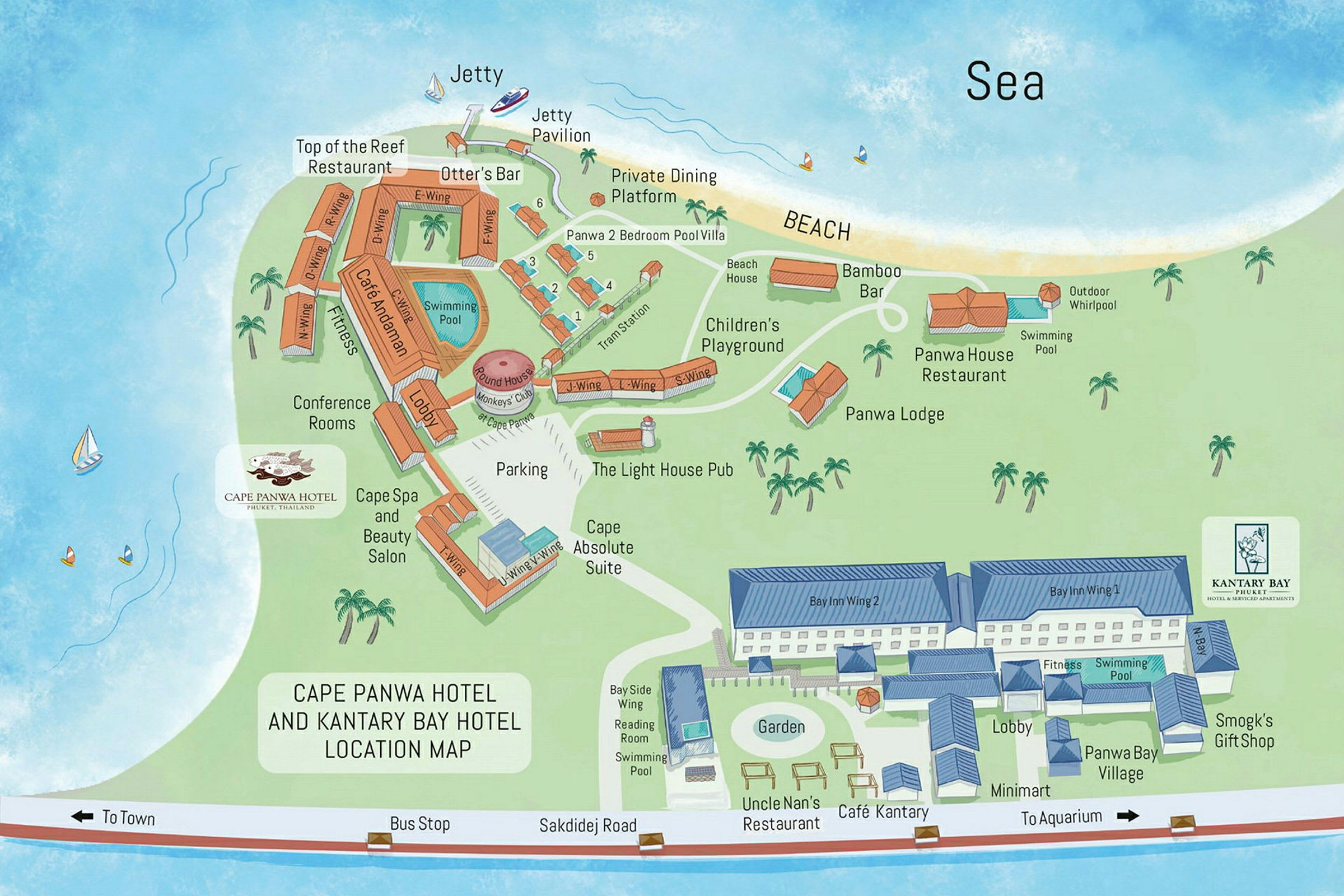 Illustrerad karta över Cape Panwa Hotel och Kantary Bay Hotel med byggnader, faciliteter och stranden markerade. (AI-genererad text)