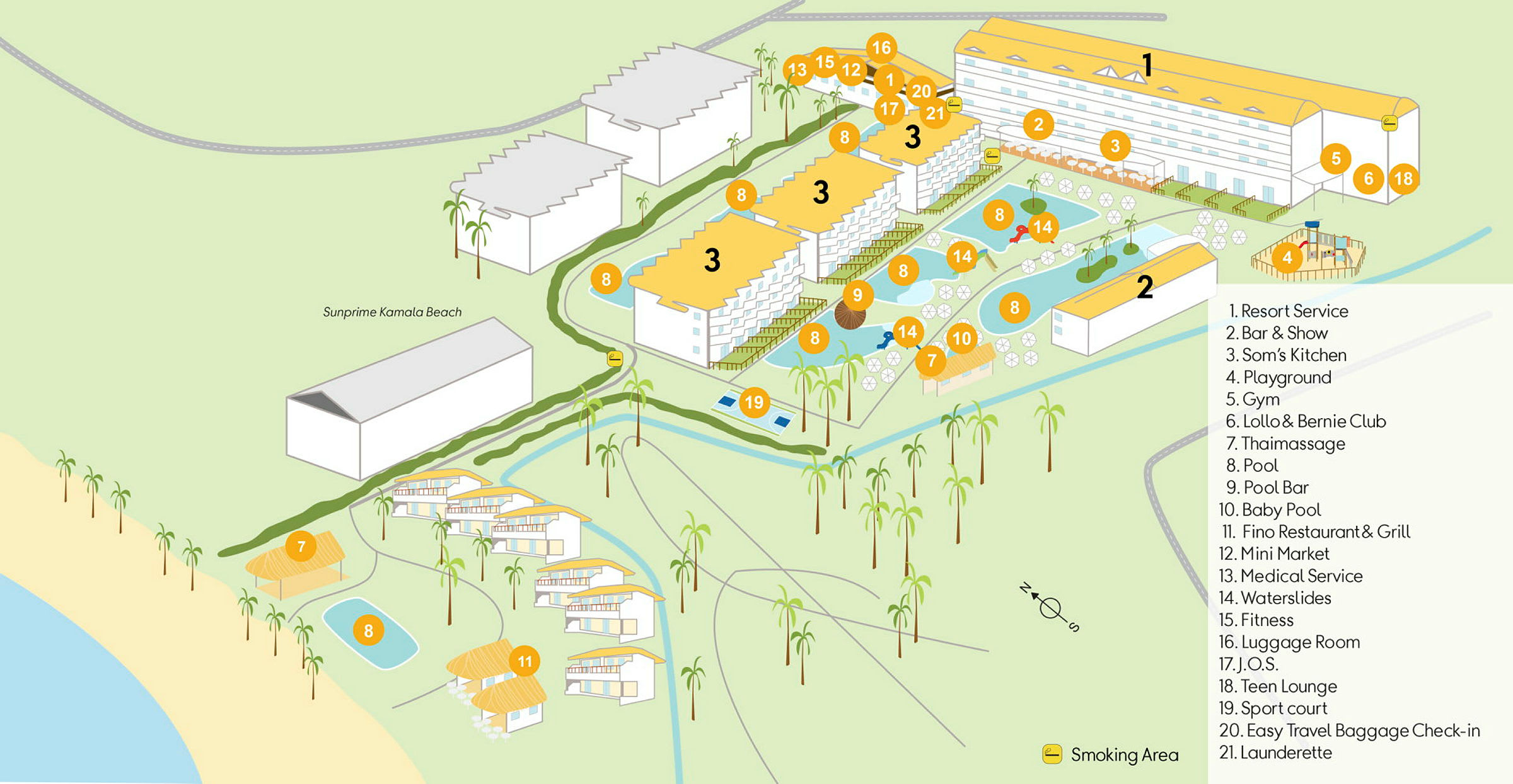 Illustration av Sunprime Kamala Beach-resortområdets layout med markerade faciliteter och byggnader. (AI-genererad text)
