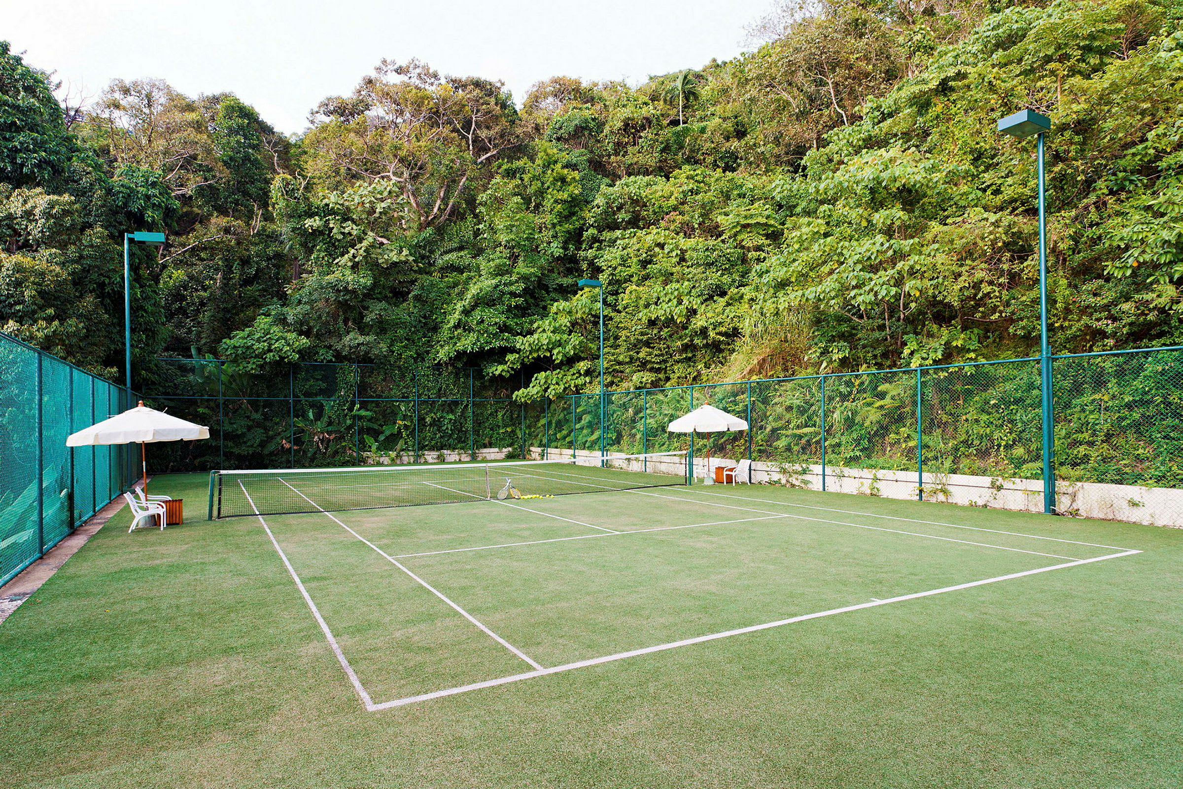 En tennisbana med gräs underlag omgiven av grön vegetation. (AI-genererad text)