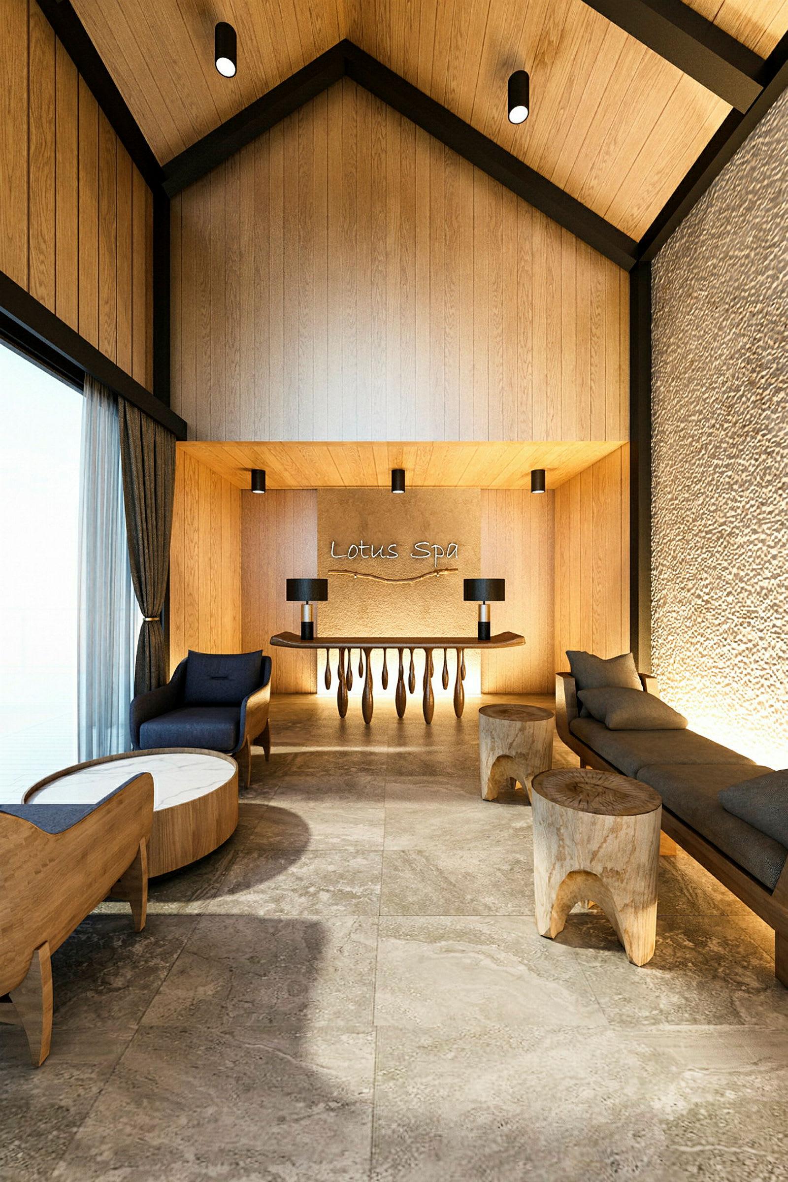 Interiör av ett spa med modern och träinspirerad design. (AI-genererad text)