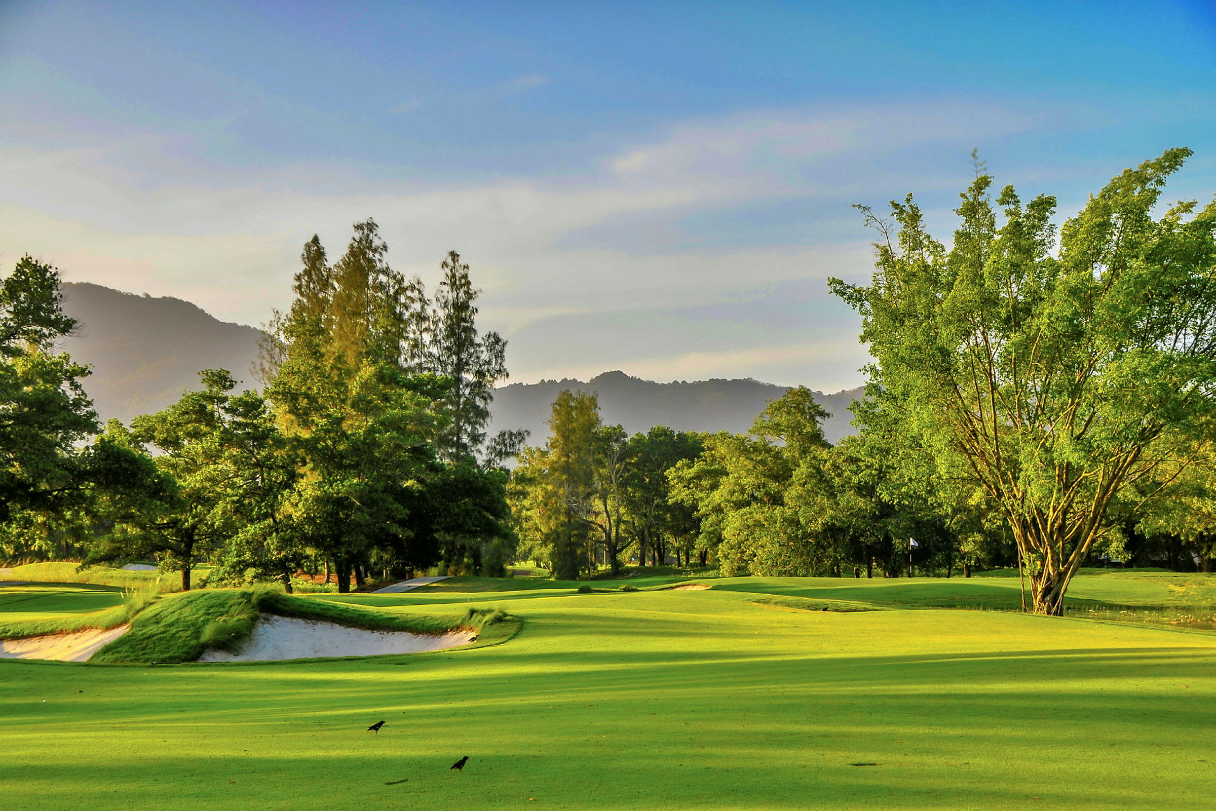 En grön golfbana med träd i bakgrunden och berg i fjärran. (AI-genererad text)
