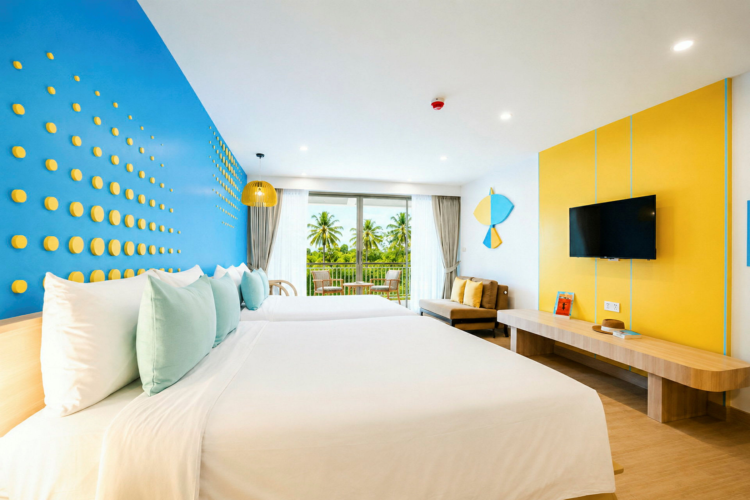 Modernt inredda hotellrum med dubbelsäng, färgglad innerdesign och utsikt över palmer från balkongen. (AI-genererad text)
