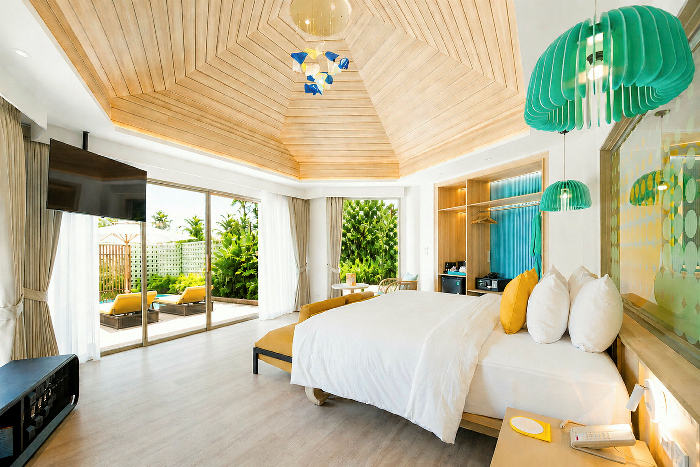 Ett ljust och rymligt hotellrum med modern inredning, en stor säng och stora fönster som vetter mot en uteplats med solstolar och grönska. (AI-genererad text)