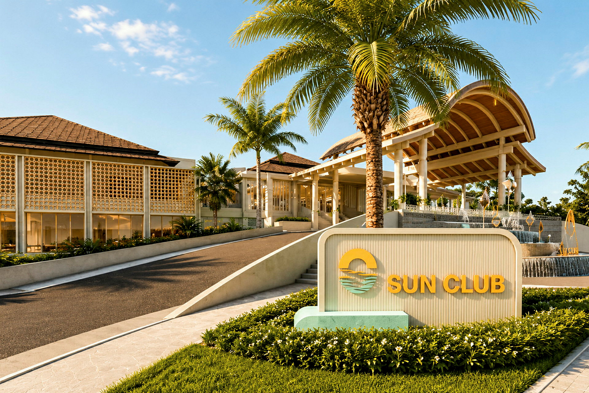 En modern byggnad med en skylt med texten "Sun Club" i förgrunden och palmer runtom. (AI-genererad text)