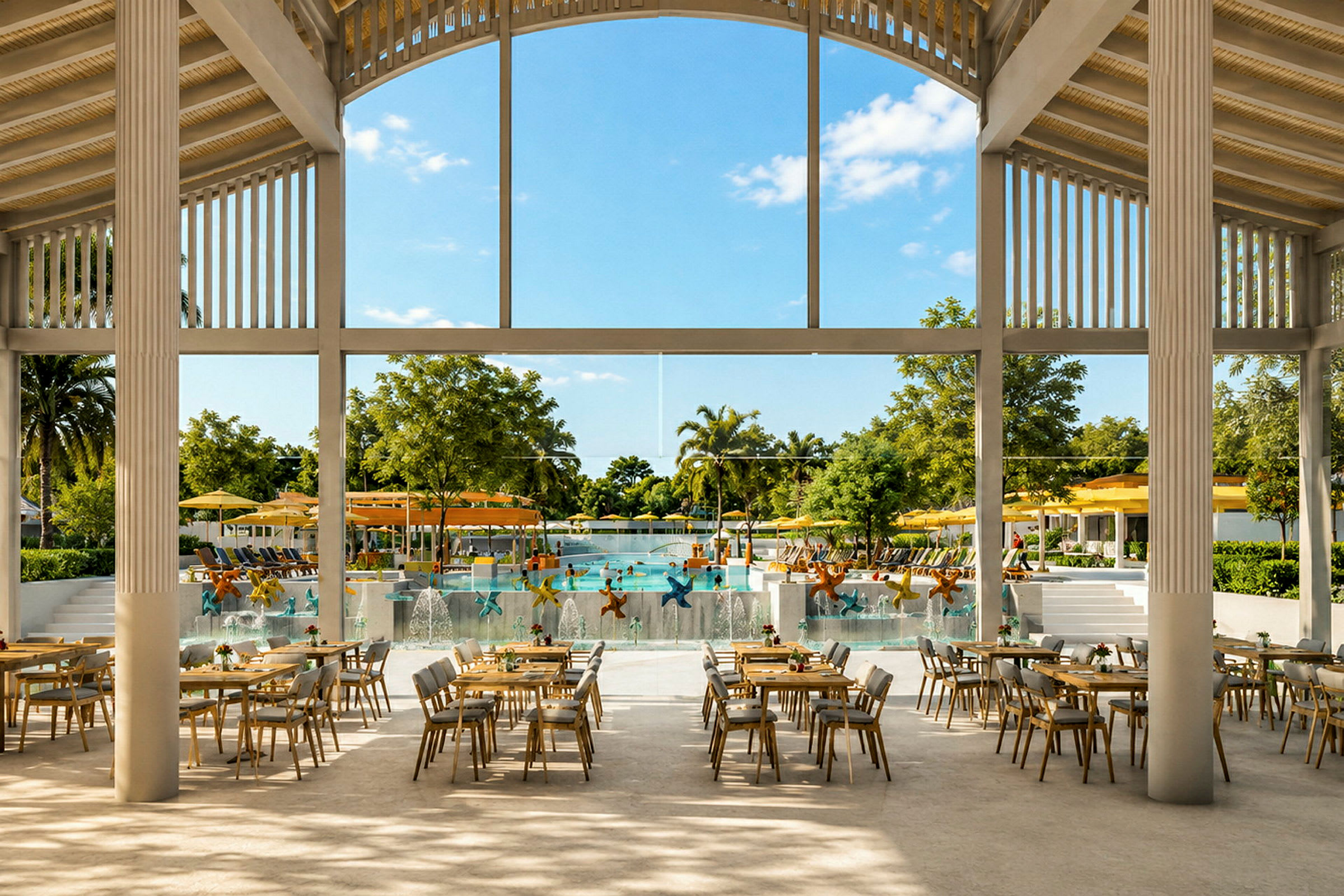 En restaurang med bordsuppställningar inomhus, med utsikt över en pool och trädgård genom stora fönster. (AI-genererad text)