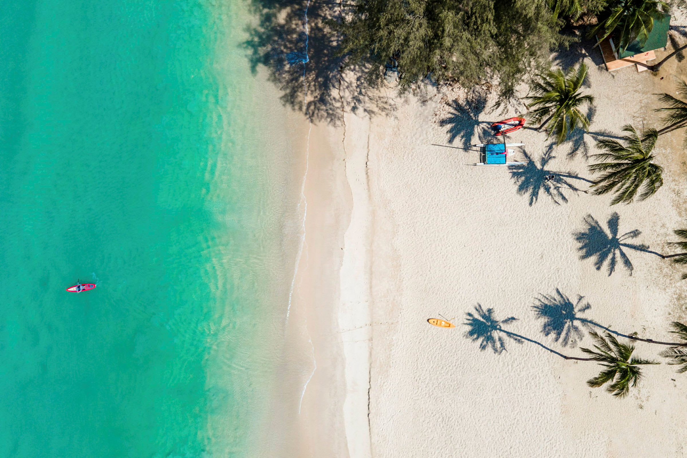 Flygbild på en strand med vit sand och klart vatten. På stranden finns palmer som kastar sina skuggor samt en liten båt och kajak. (AI-genererad text)