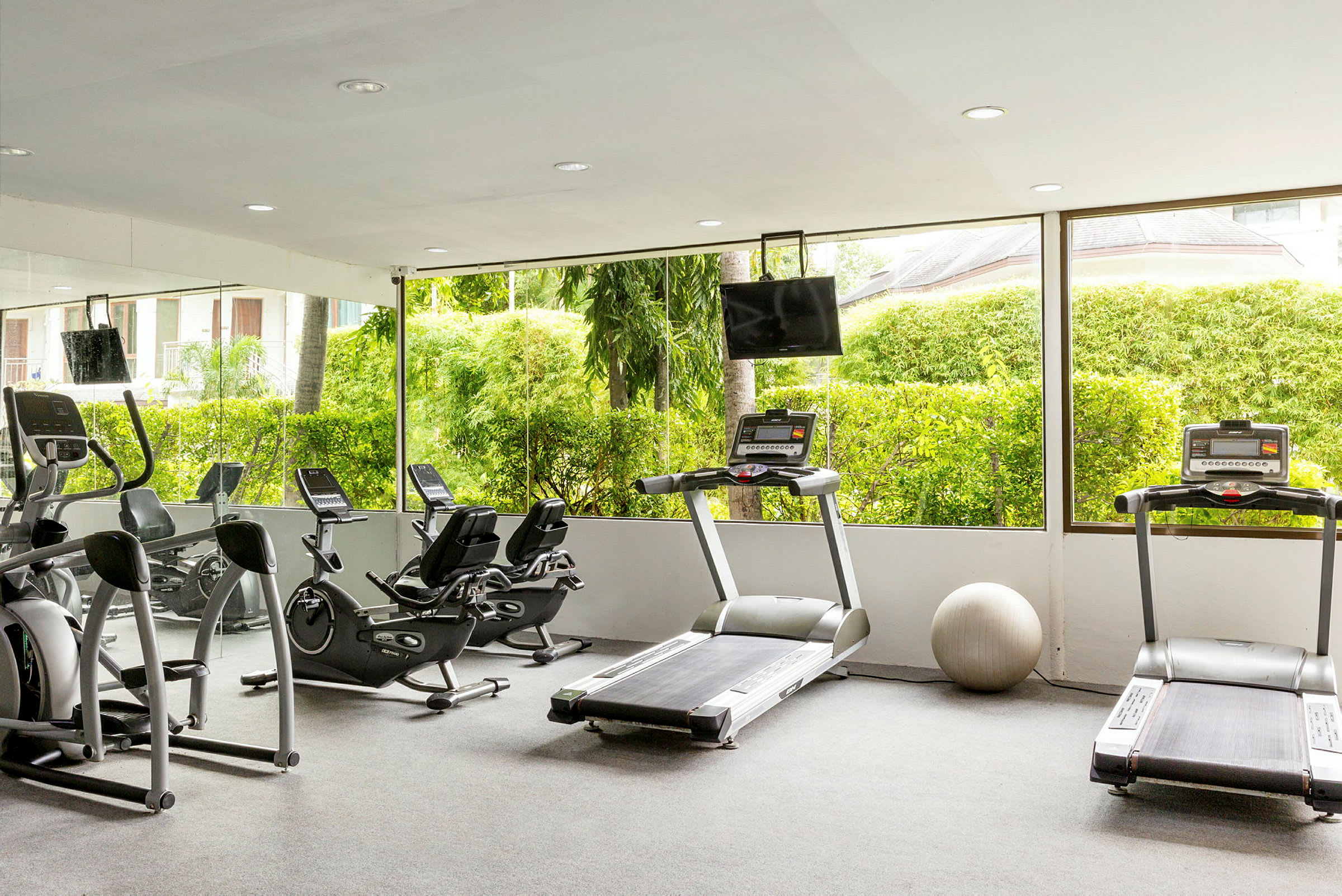 Gym med träningsmaskiner och stora fönster mot trädgård. (AI-genererad text)