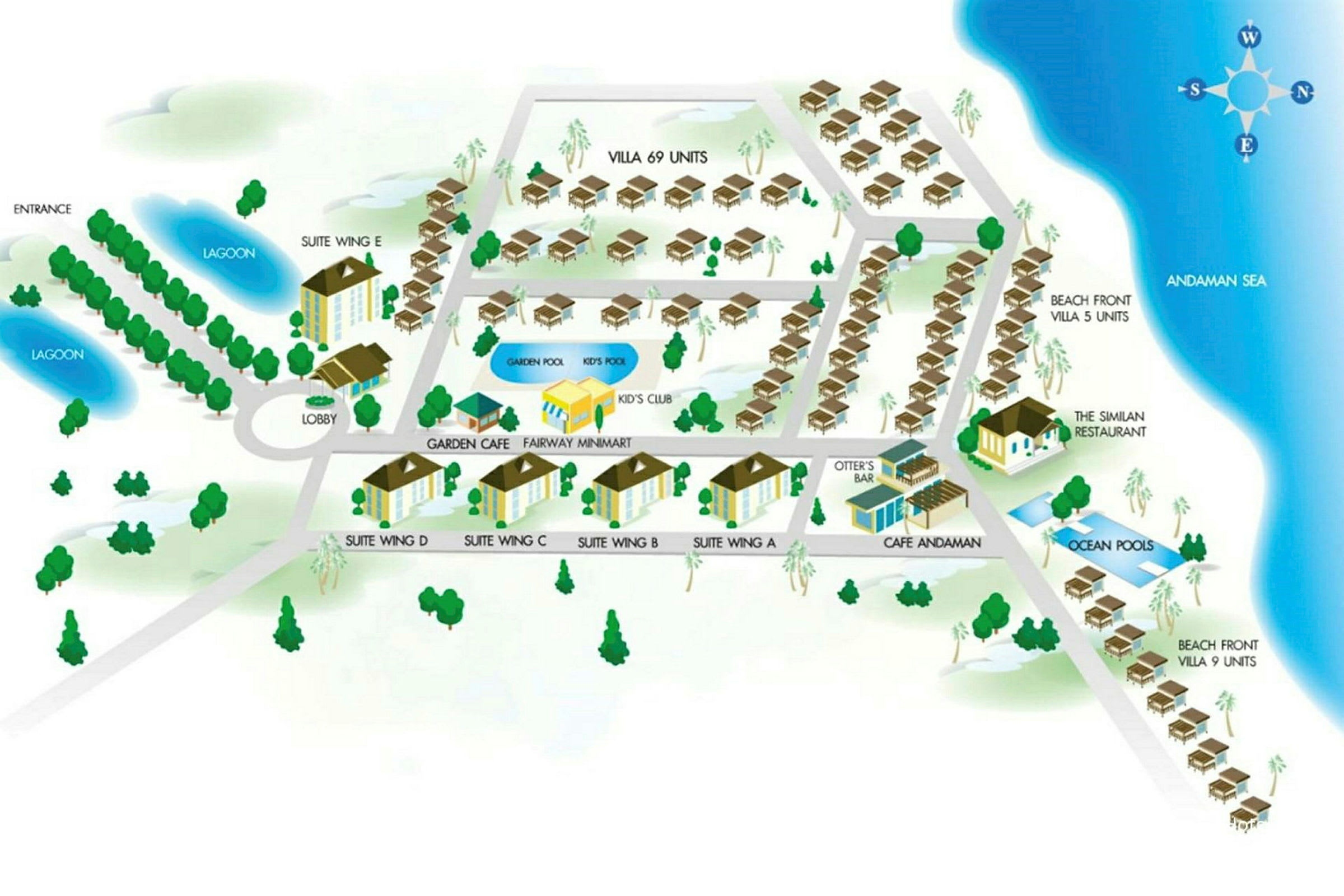 Illustration av en hotellkarta med byggnader, laguner och hav. (AI-genererad text)