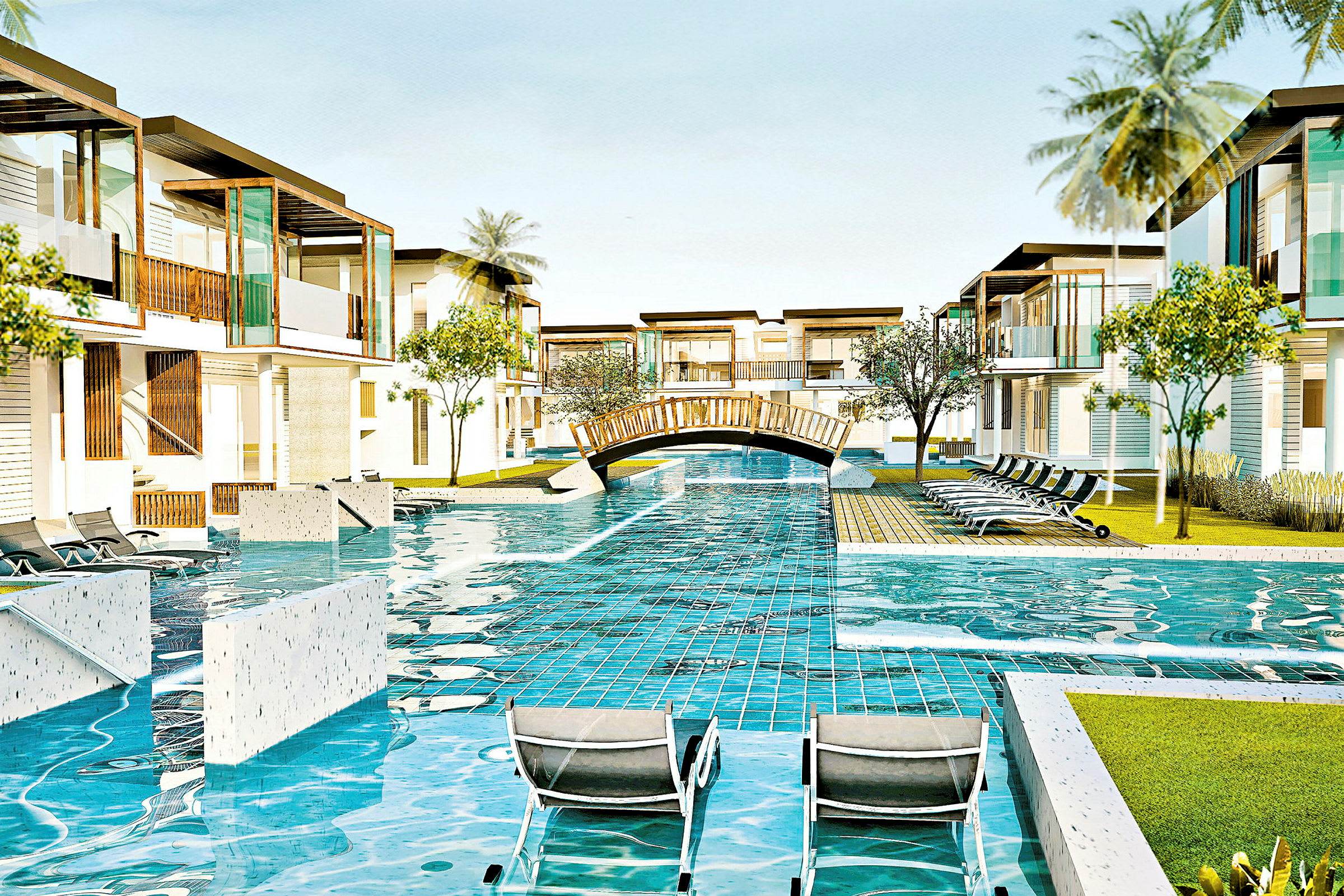 En modern resort med byggnader runt en pool och solstolar vid sidan. (AI-genererad text)