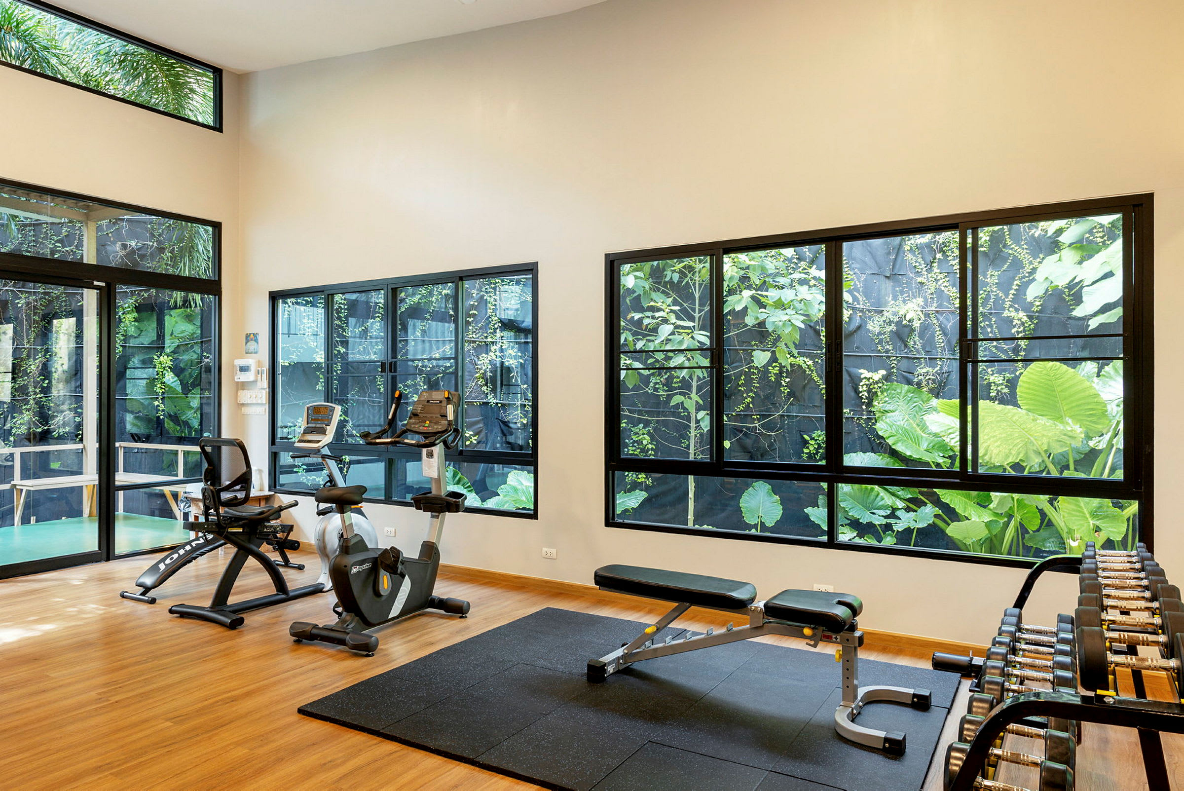 Ett gym med träningsmaskiner, fria vikter och fönster med utsikt över grönska. (AI-genererad text)