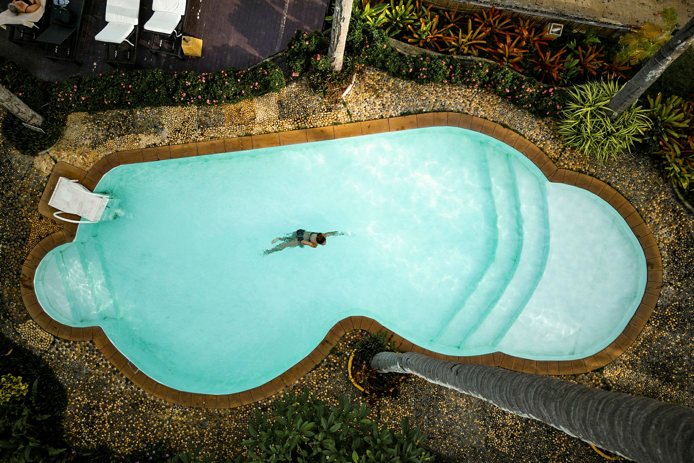 Ett uppifrån-perspektiv visar en pool med en person som simmar i den. Omkring poolen finns växtlighet och stolar för vila. (AI-genererad text)
