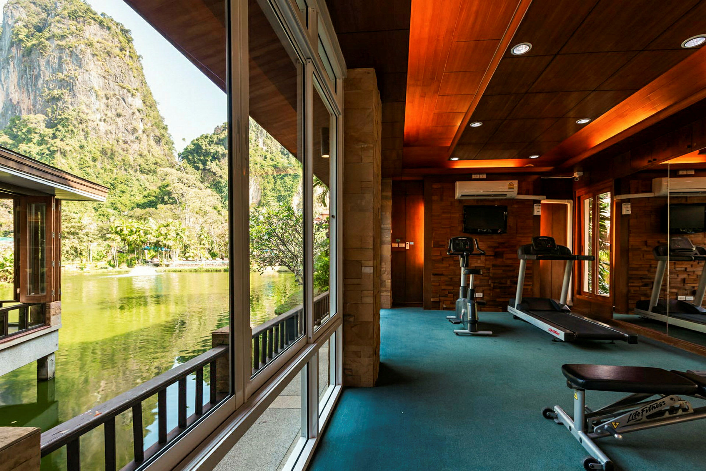 Bild av ett gym med stora fönster som vetter mot ett naturområde med en bergformation och en sjö. (AI-genererad text)