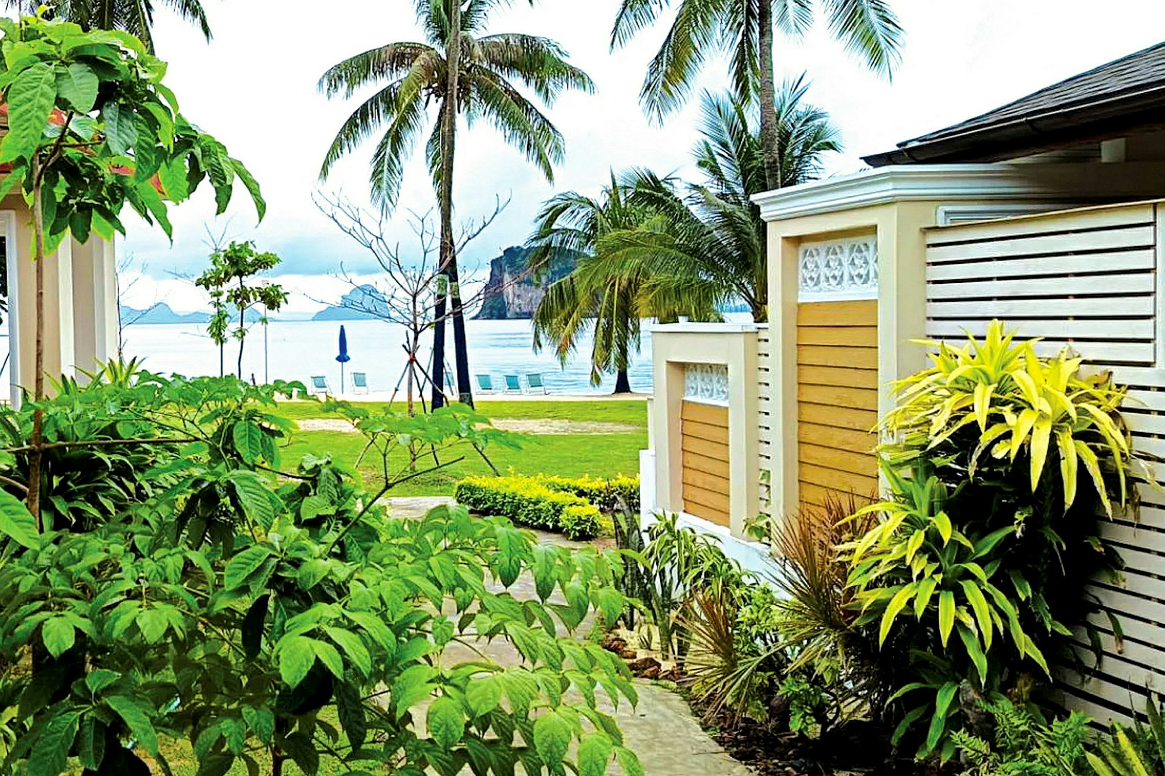 Grönskande trädgård med palmer och utsikt mot havet. (AI-genererad text)