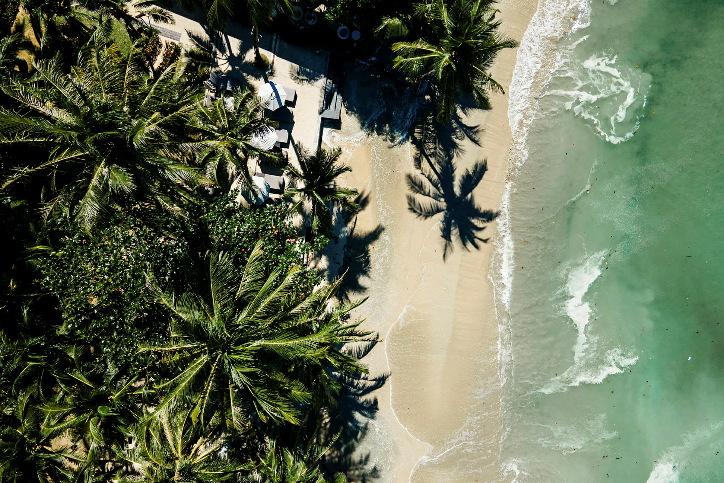 Flygfoto av en strand täckt av sand och omgiven av tät vegetation med palmer, med små vågor som bryts vid stranden. (AI-genererad text)