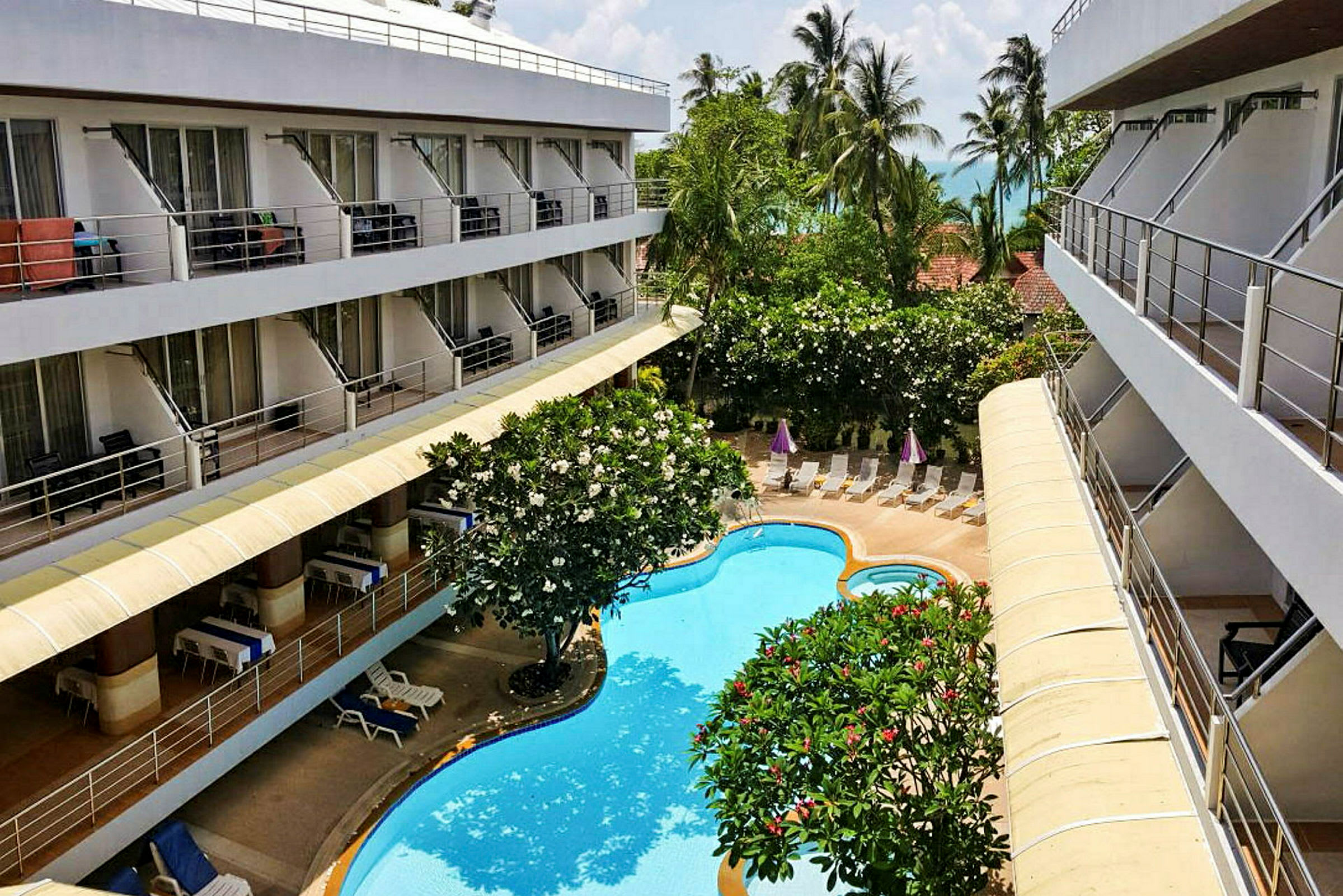 Bild av ett hotell med balkonger, trädgård och pool. (AI-genererad text)