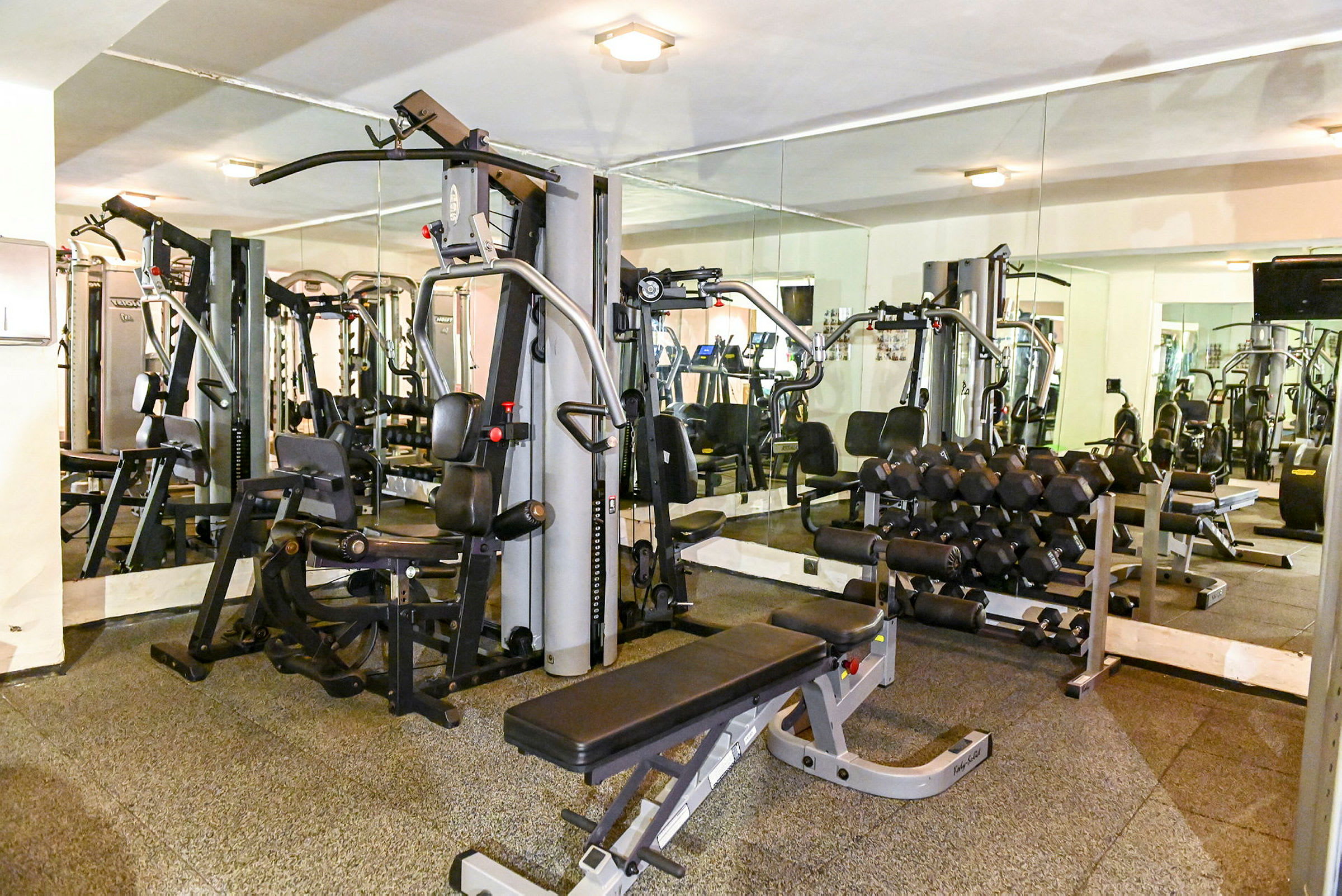 Bild på ett gym med träningsmaskiner och fria vikter. (AI-genererad text)