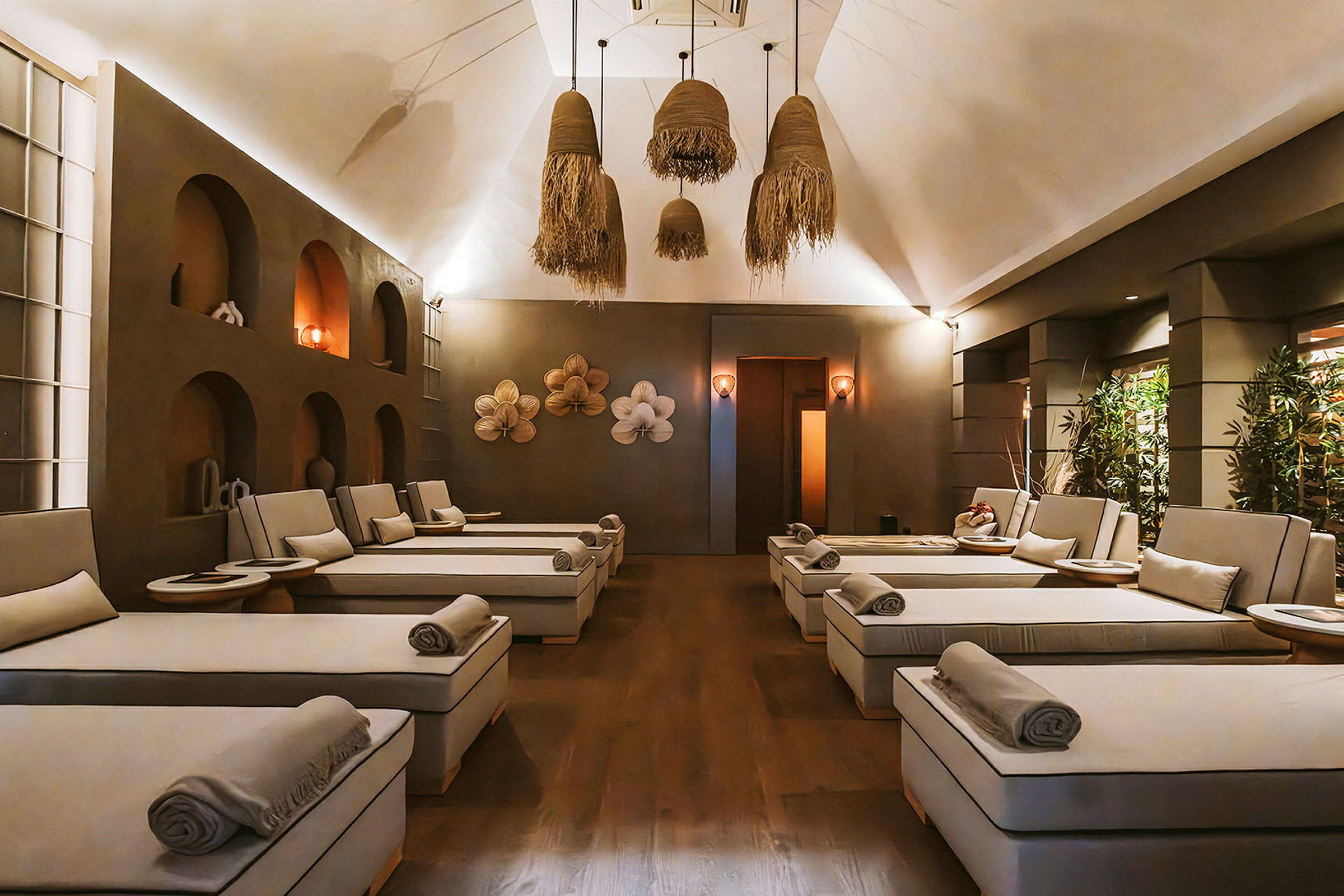 Ett elegant spa-utrymme med dämpad belysning, bekväma vilstolar och dekorativa väggdekorationer. (AI-genererad text)
