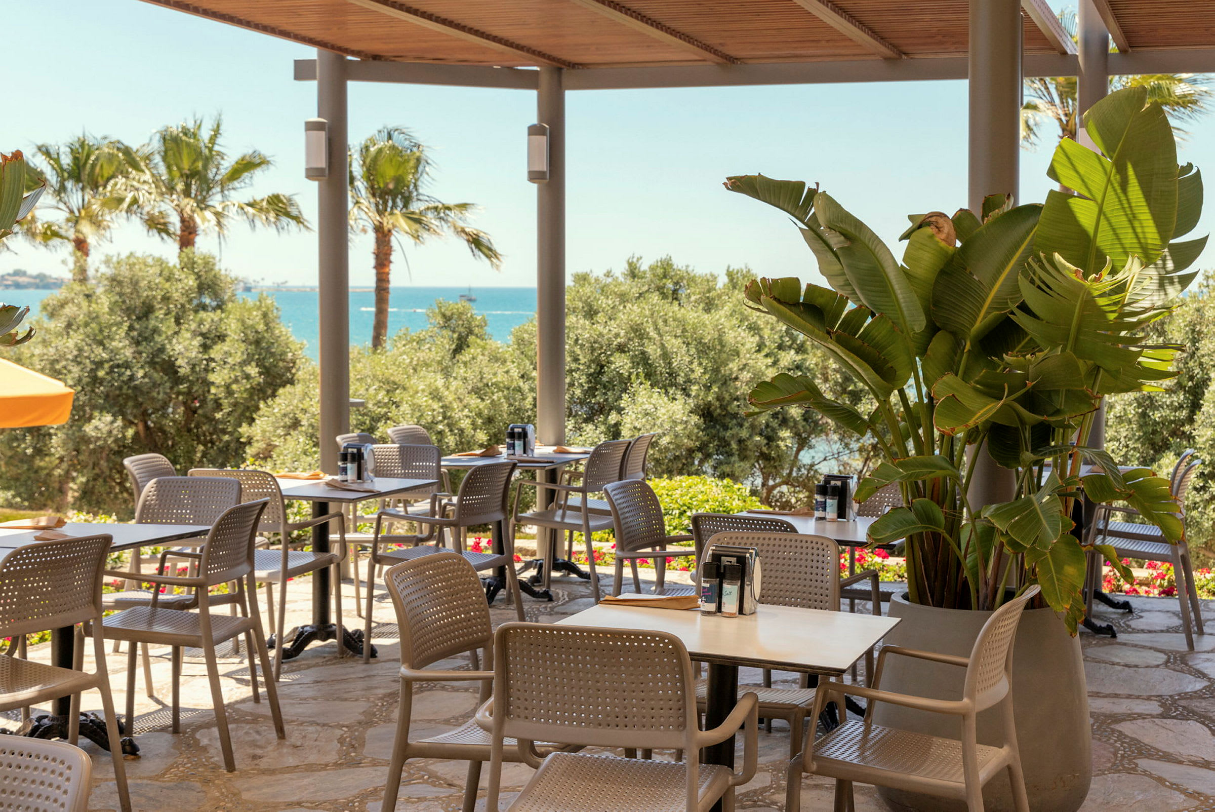 En utomhusterrass på ett café eller restaurang med bord och stolar under ett tak, omgiven av gröna växter och utsikt över havet. (AI-genererad text)