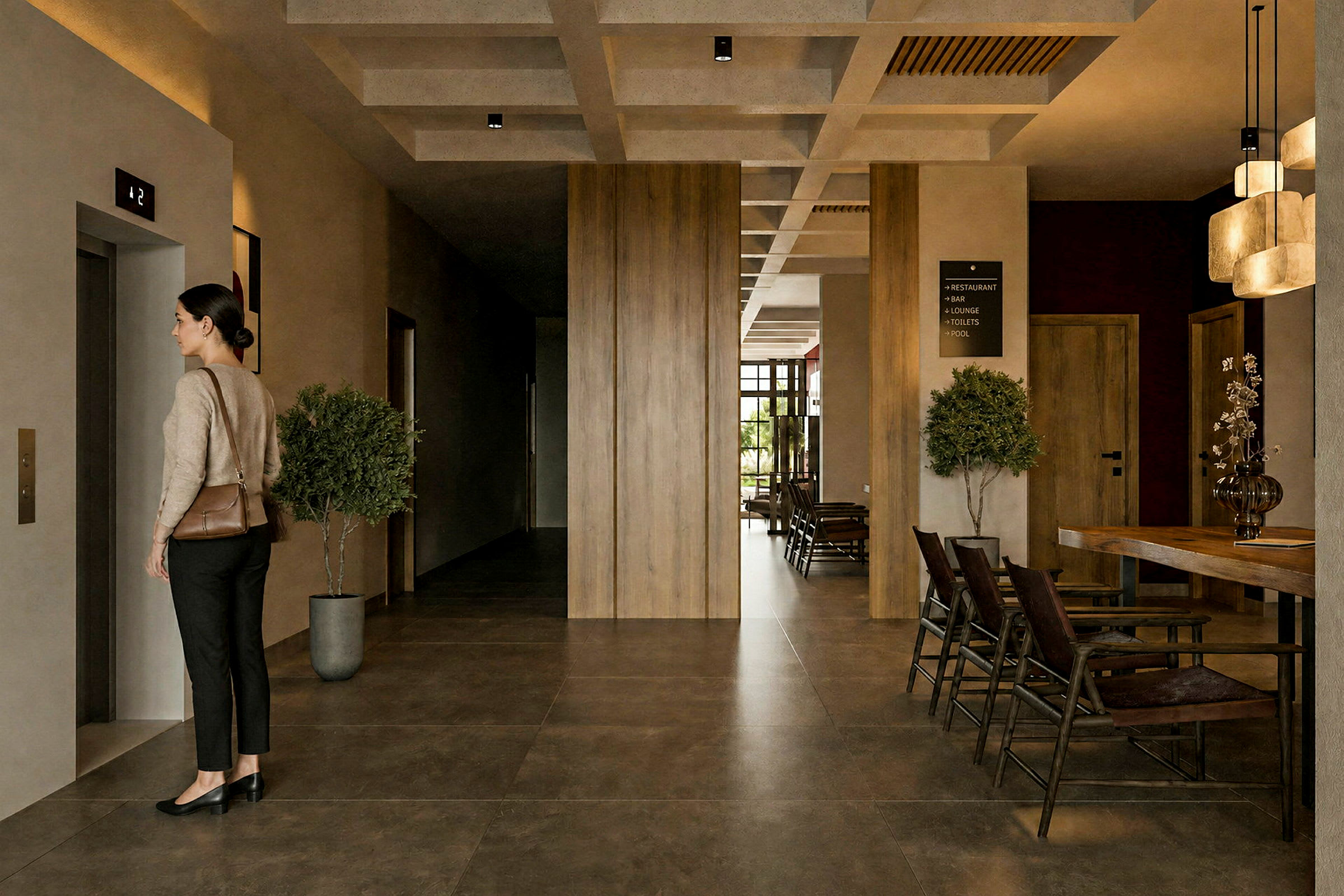 En person står framför en hiss i en elegant inredd lobby, med stolar och bord samt växter som dekoration. (AI-genererad text)