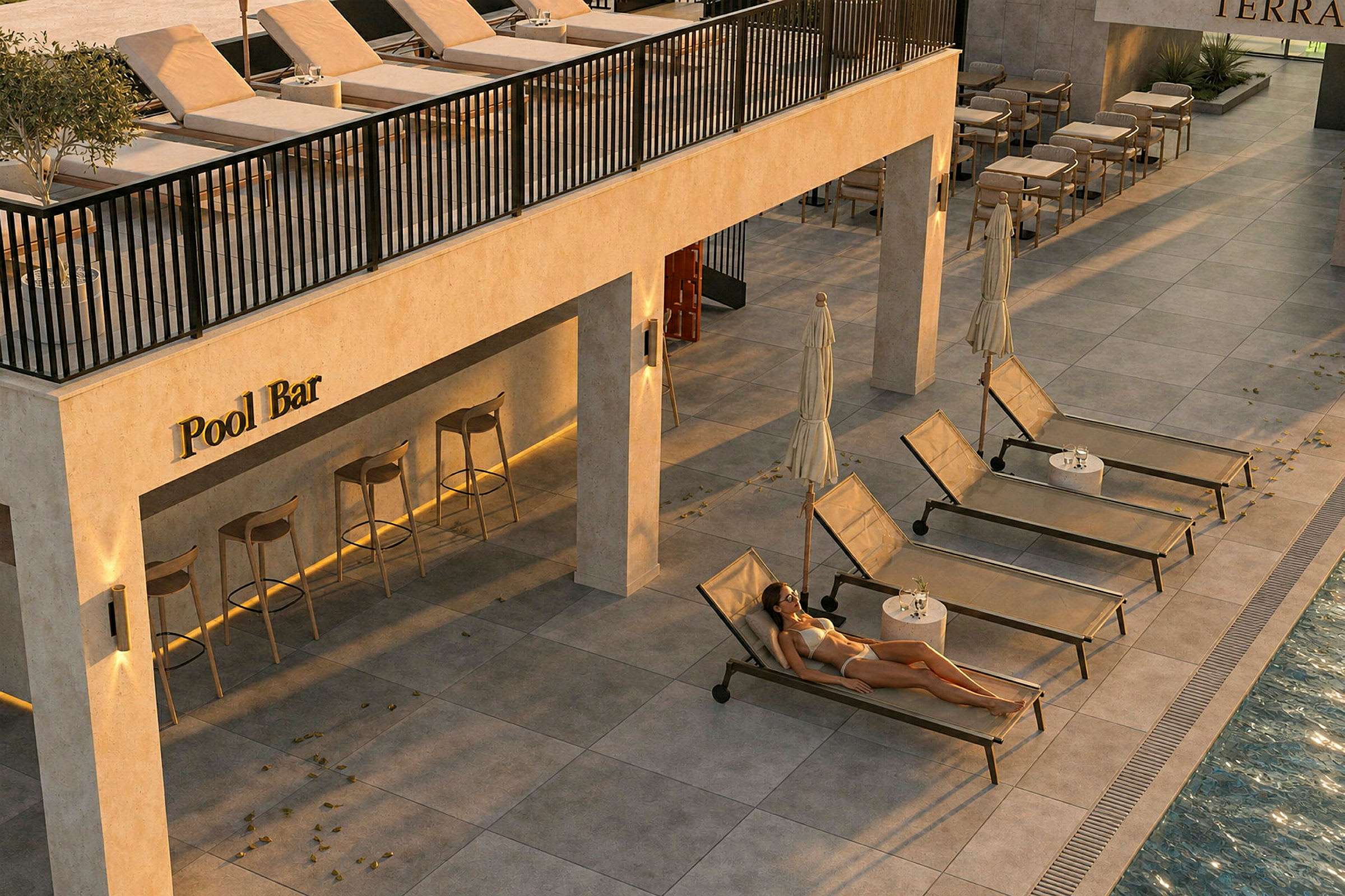 En utomhuspool med en bar och solstolar. (AI-genererad text)