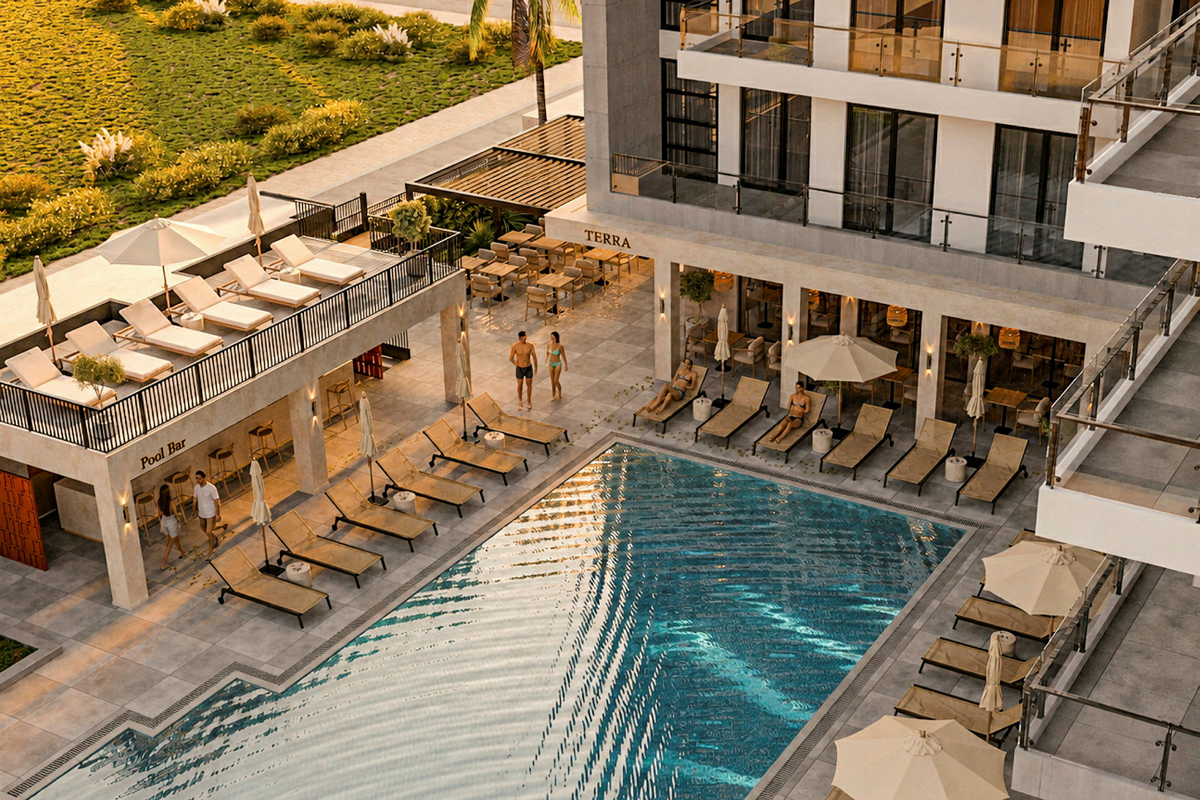 Ett hotellområde med en pool och solstolar samt en restaurangområde bredvid. (AI-genererad text)