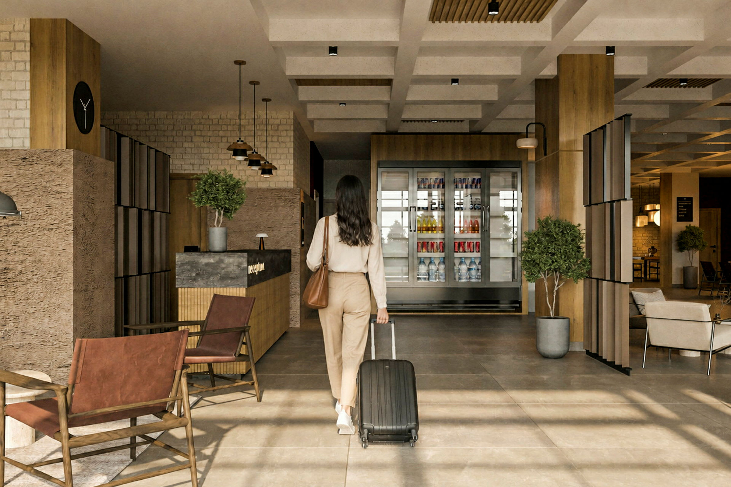 En person går genom en hotellobby med en resväska. (AI-genererad text)