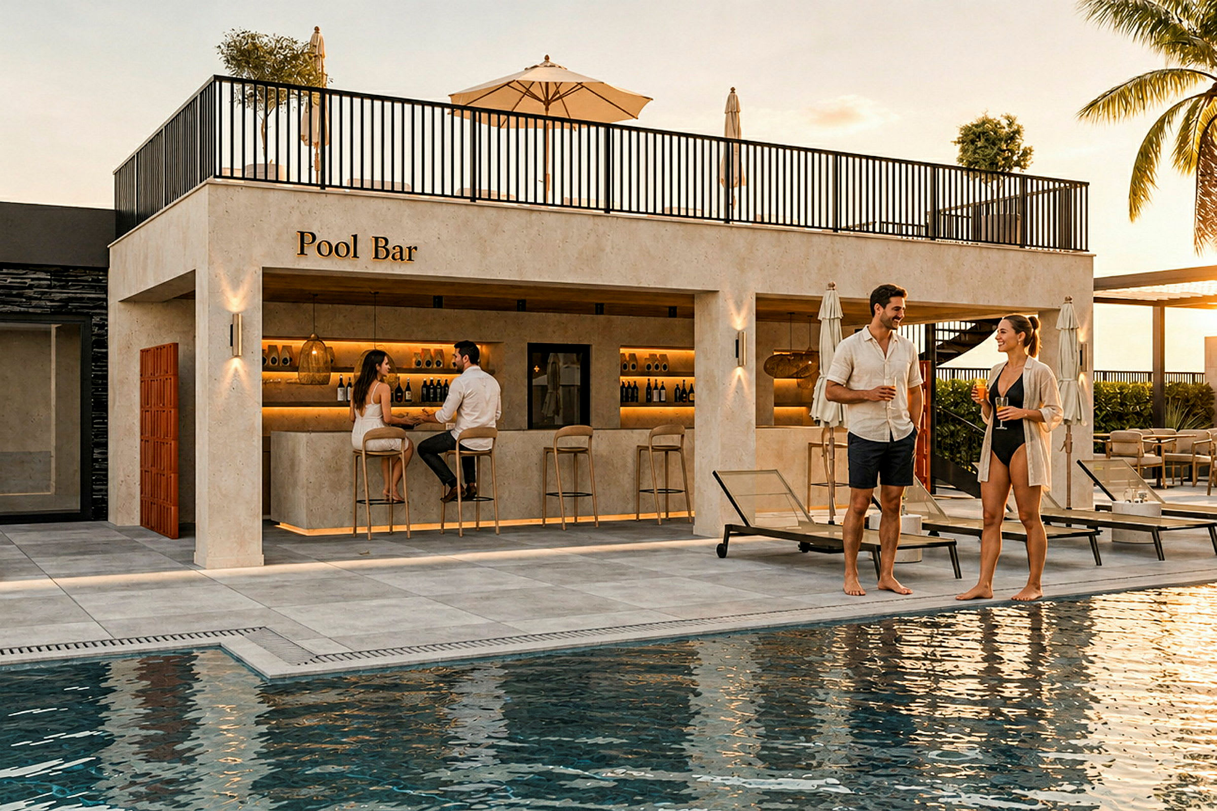 En poolbar vid sidan av en utomhuspool. Några personer sitter och står vid baren och vid poolområdet, omgivna av solsängar och paraplyer. (AI-genererad text)