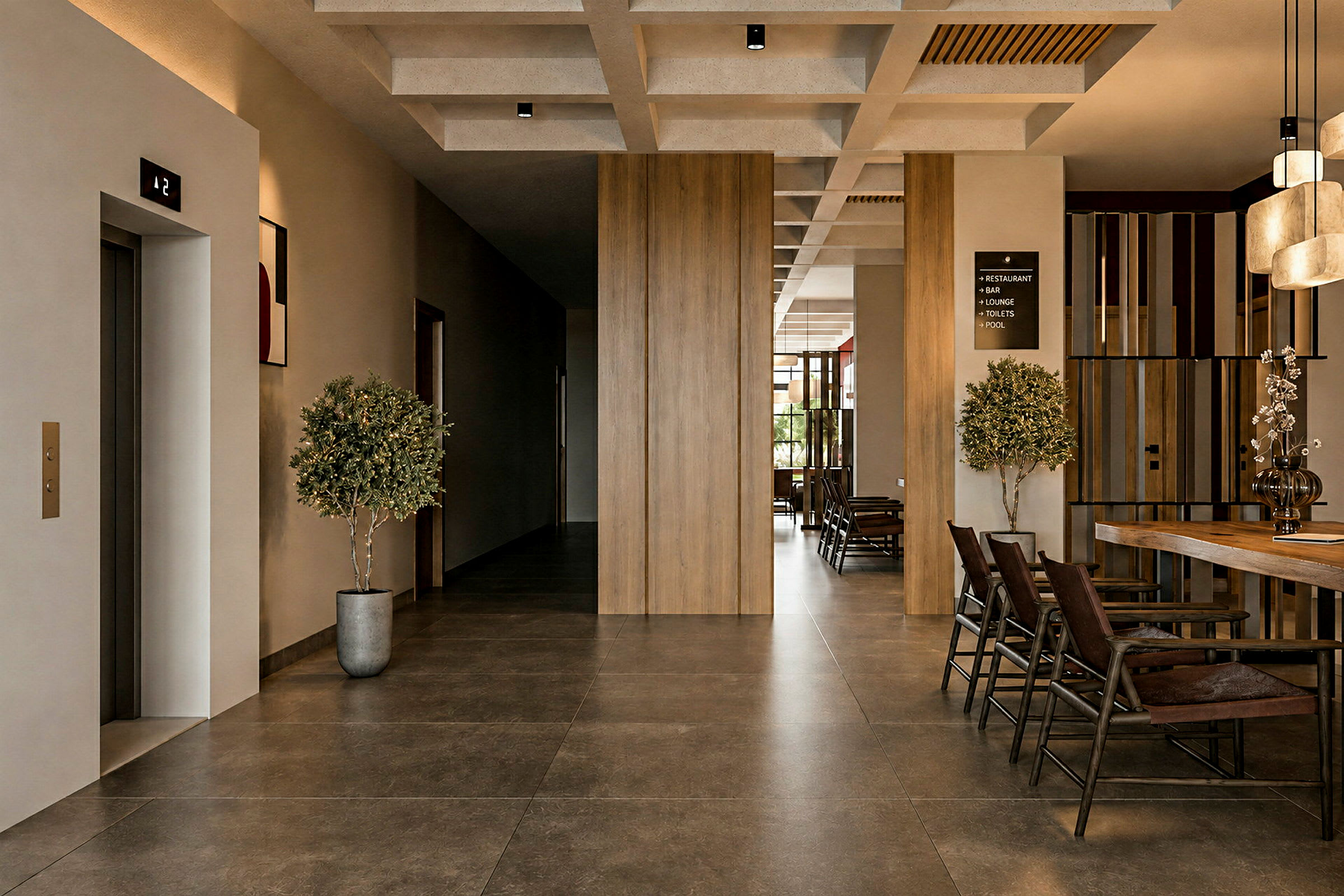 En modern hotellobby med träinslag, sittplatser och växter. (AI-genererad text)
