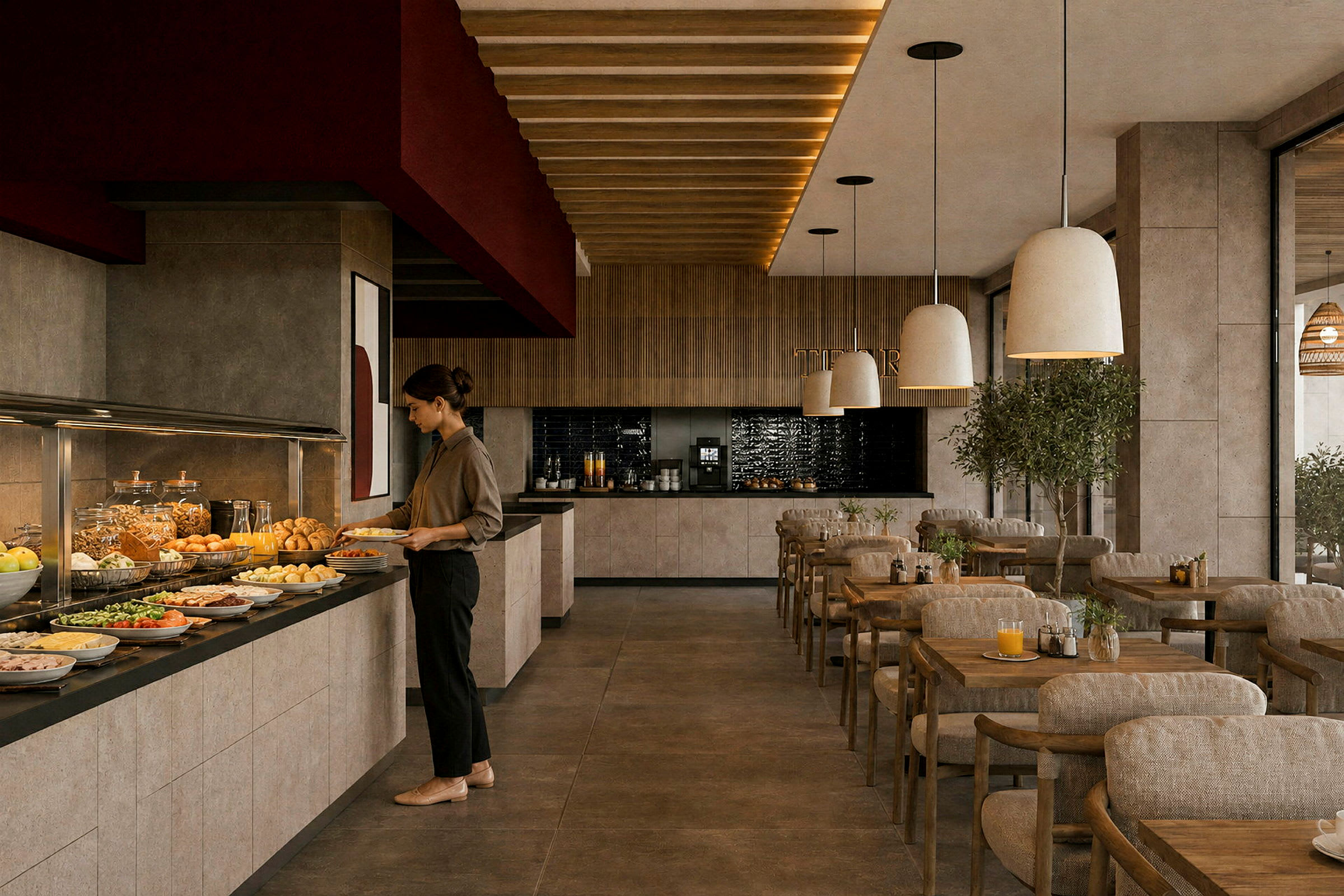 En kvinna står vid ett buffébord med olika maträtter och drycker i en modern restaurang. (AI-genererad text)
