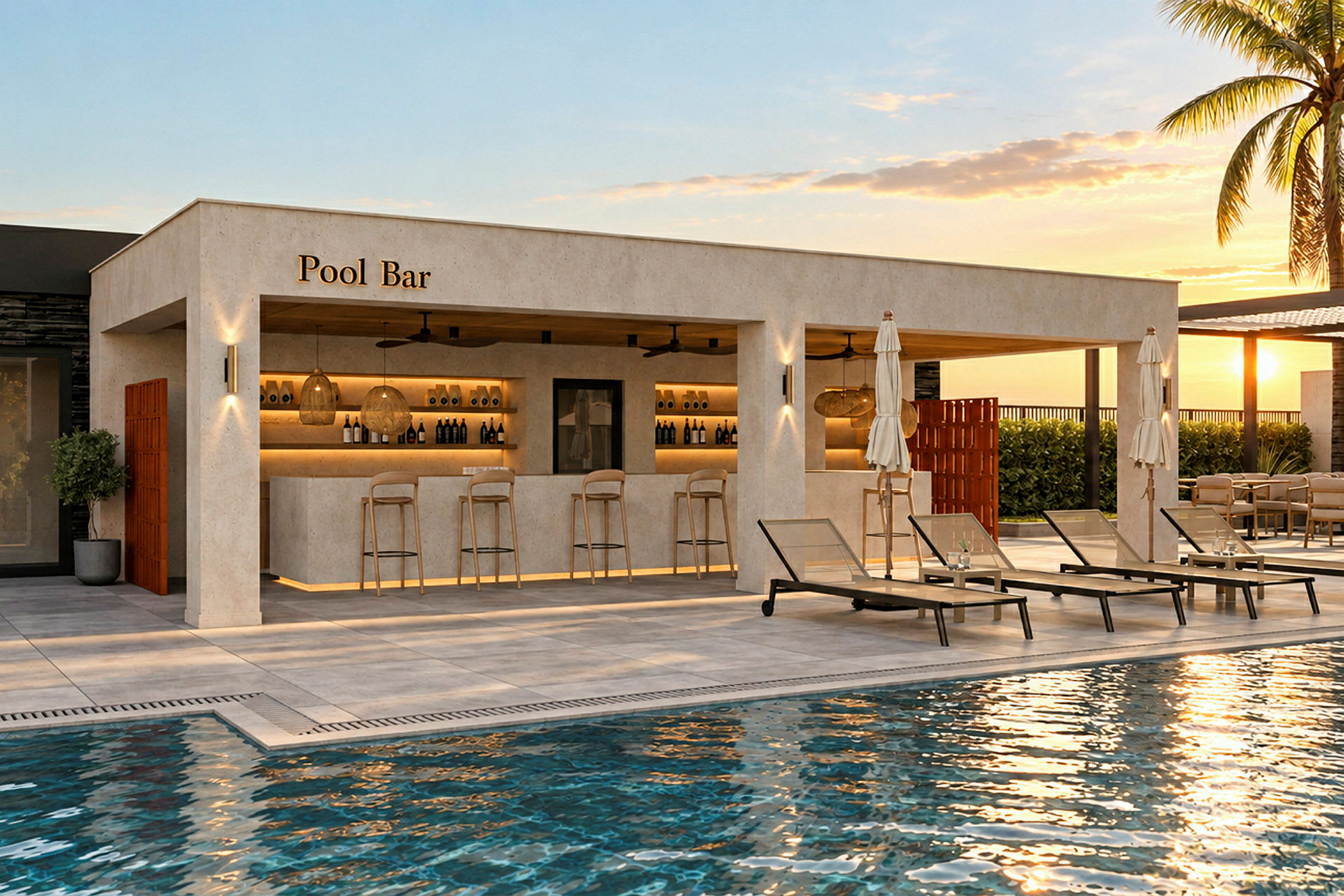 Utomhuspoolområde med en poolbar och solstolar längs poolkanten. (AI-genererad text)