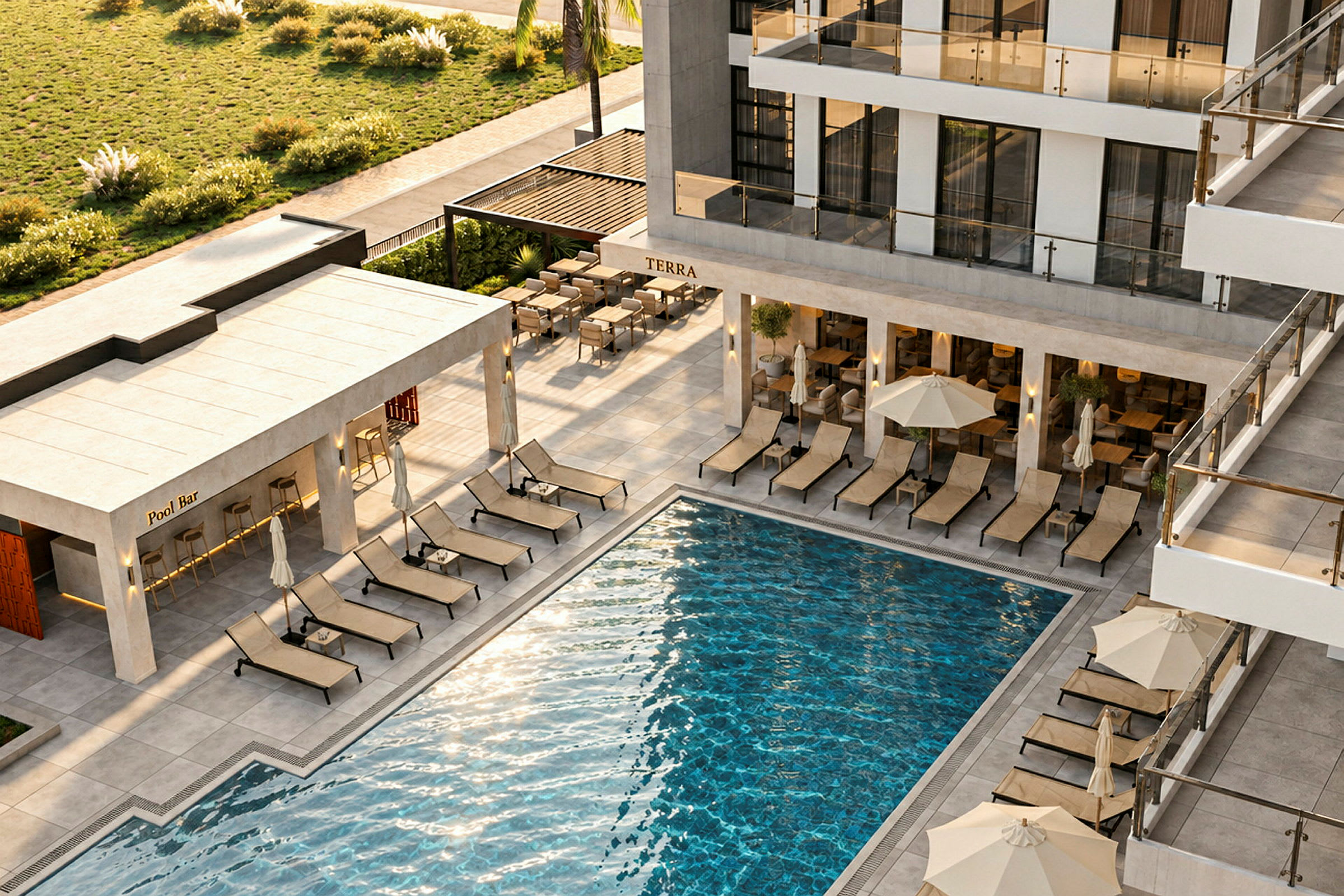 Hotellområde med pool, solstolar och restaurangytor. (AI-genererad text)