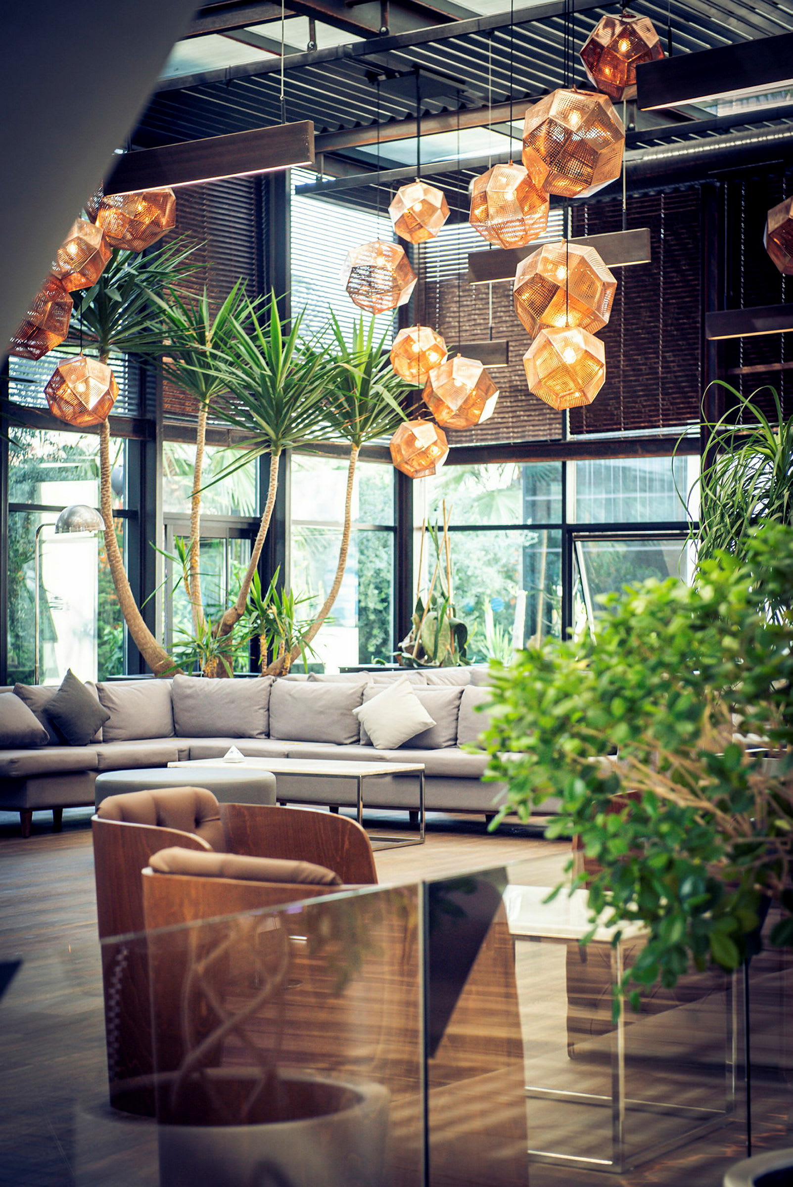 En modern, luftig lounge med gröna växter, beige soffor och dekorativa hängande lampor. (AI-genererad text)