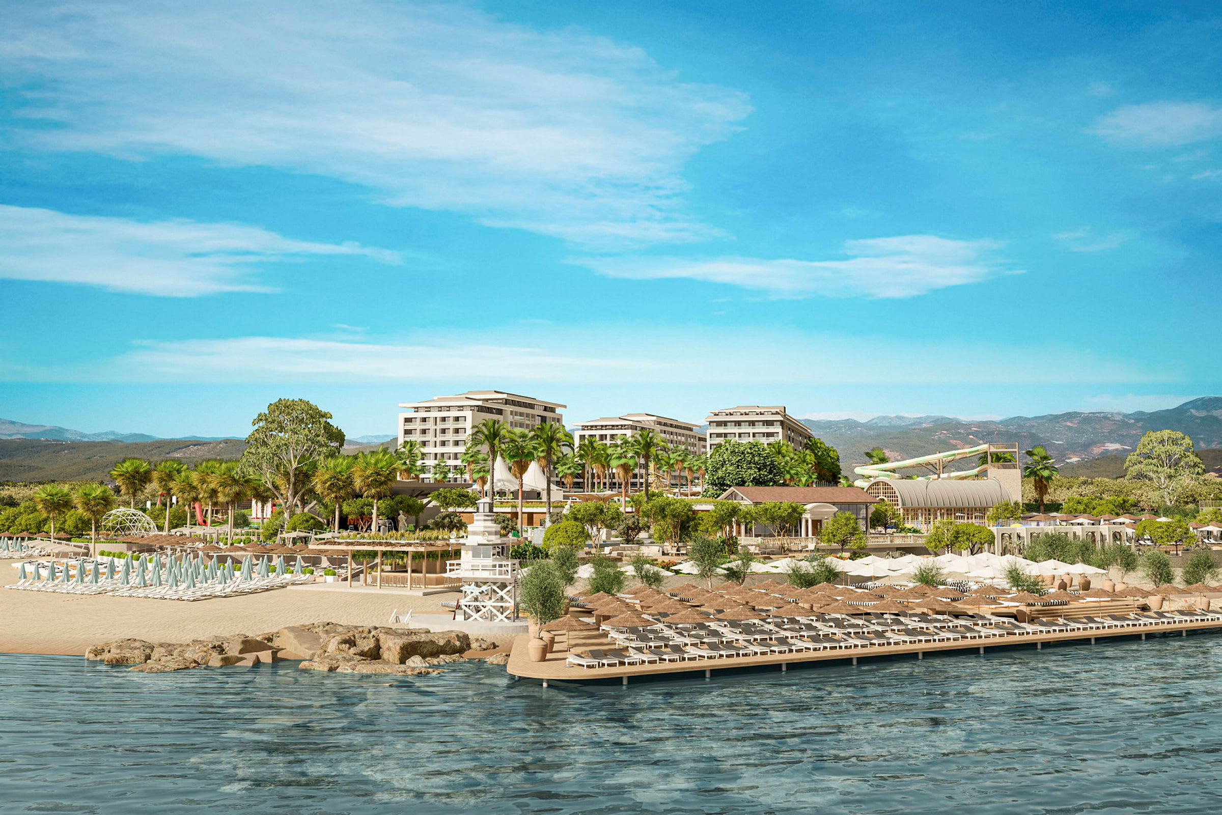 Strand med solstolar och en brygga framför ett resortområde med byggnader och palmer. (AI-genererad text)