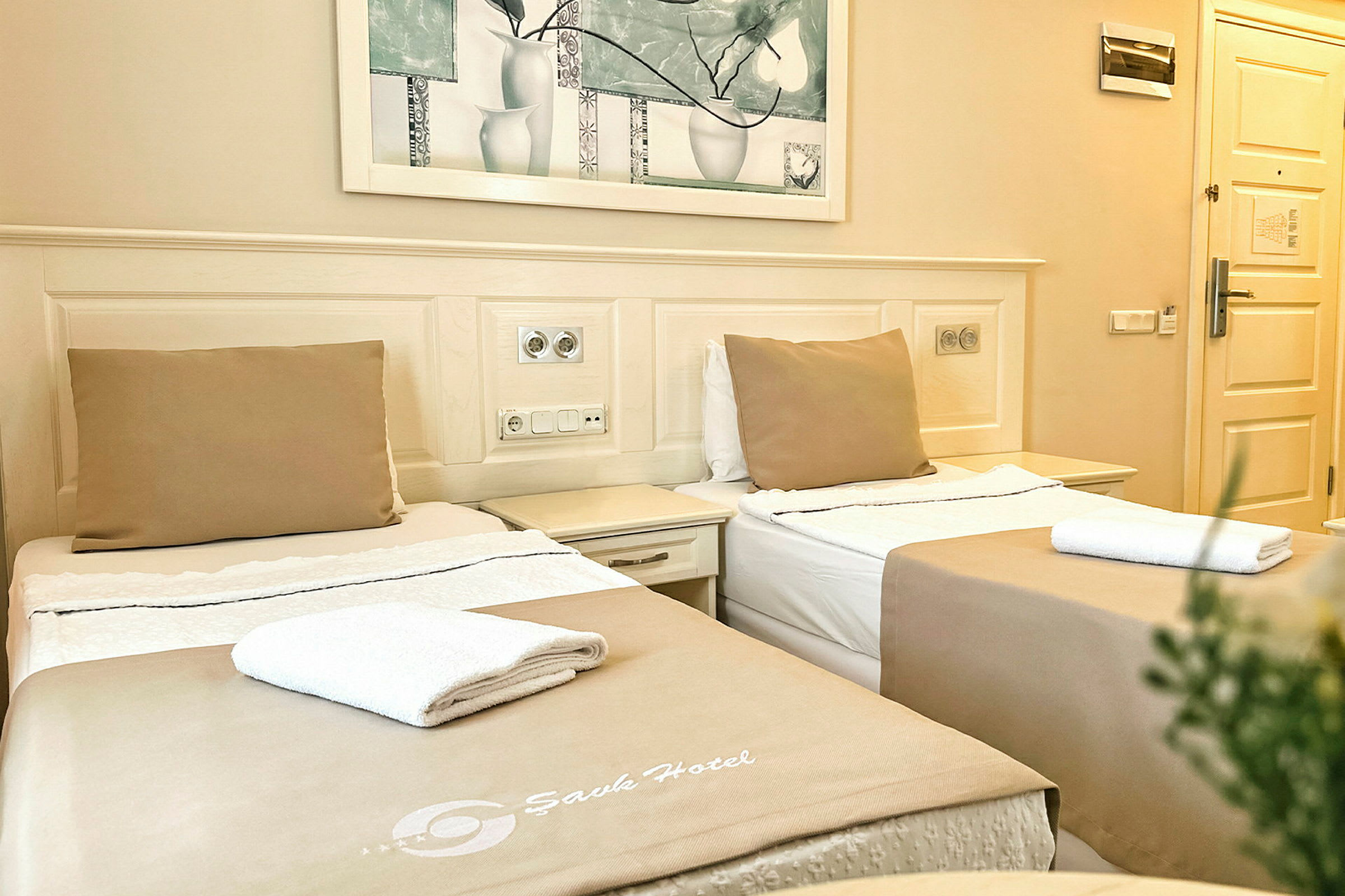 Ett hotellrum med två enkelsängar, försedda med ljusbruna sängkläder och vita handdukar. Väggarna är ljusa och det hänger en modern tavla ovanför sängarna. (AI-genererad text)