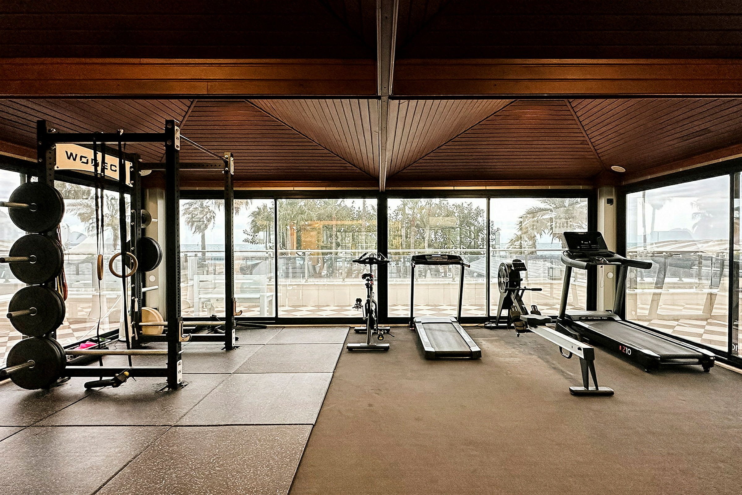 Ett gym med träningsutrustning såsom löpband, cyklar och vikter. Rummet har stora fönster med utsikt över en utomhusmiljö med palmer. (AI-genererad text)