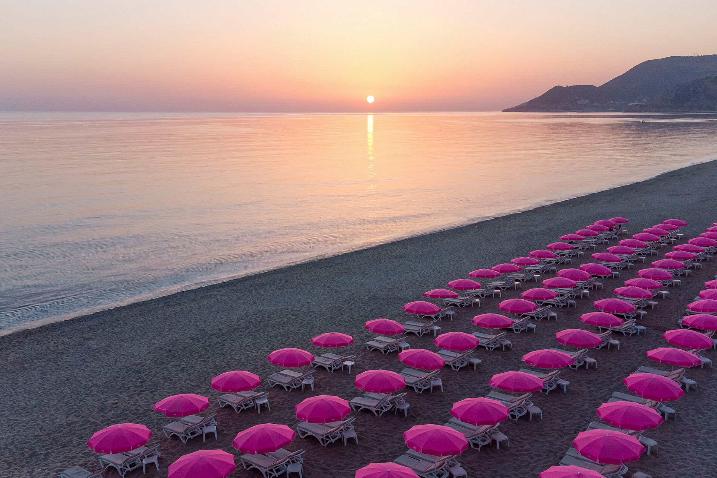 En strand vid solnedgång med rader av solstolar under rosa parasoller. (AI-genererad text)