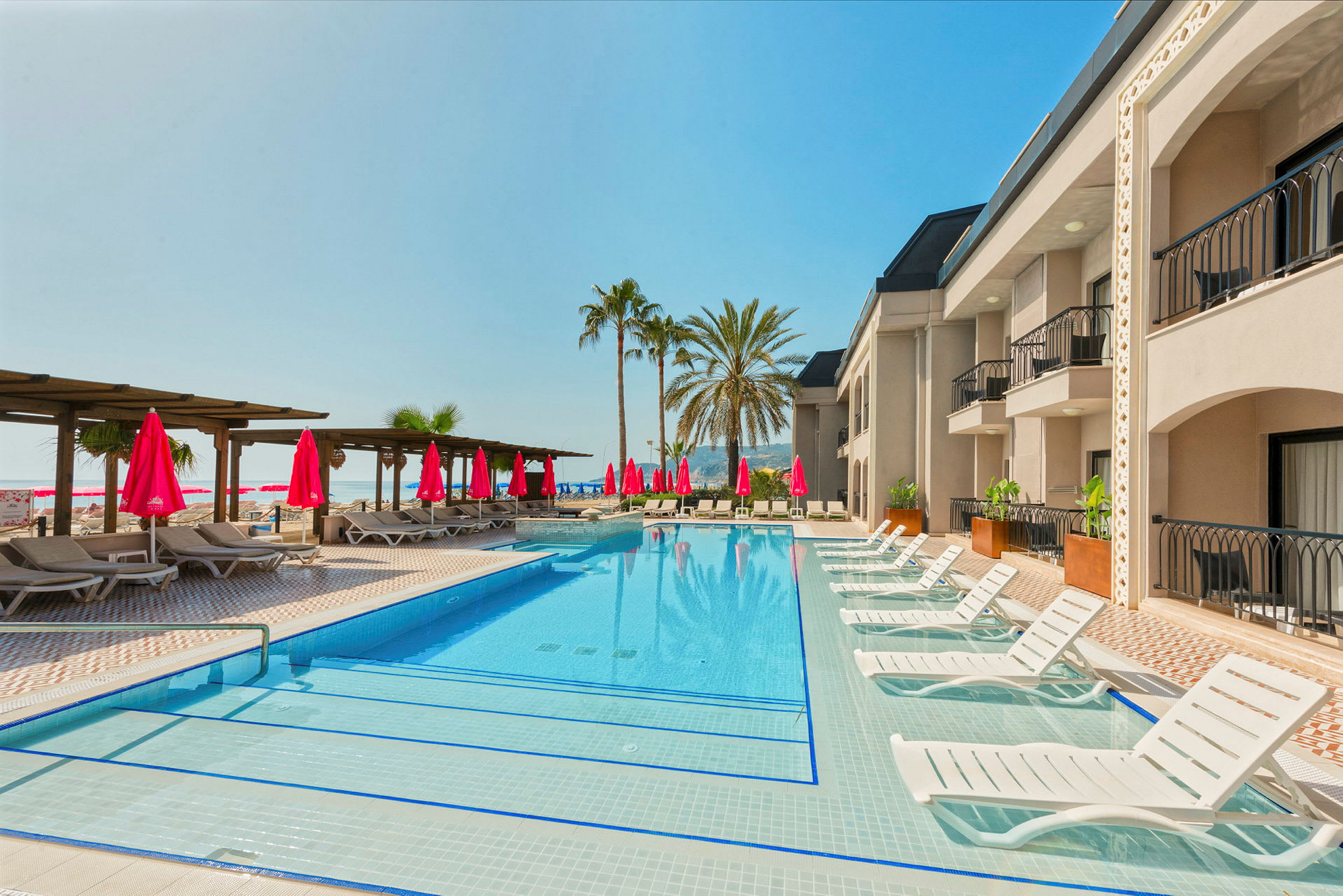 Utomhuspool vid ett hotell, omgiven av solstolar och parasoller med palmer i bakgrunden. (AI-genererad text)
