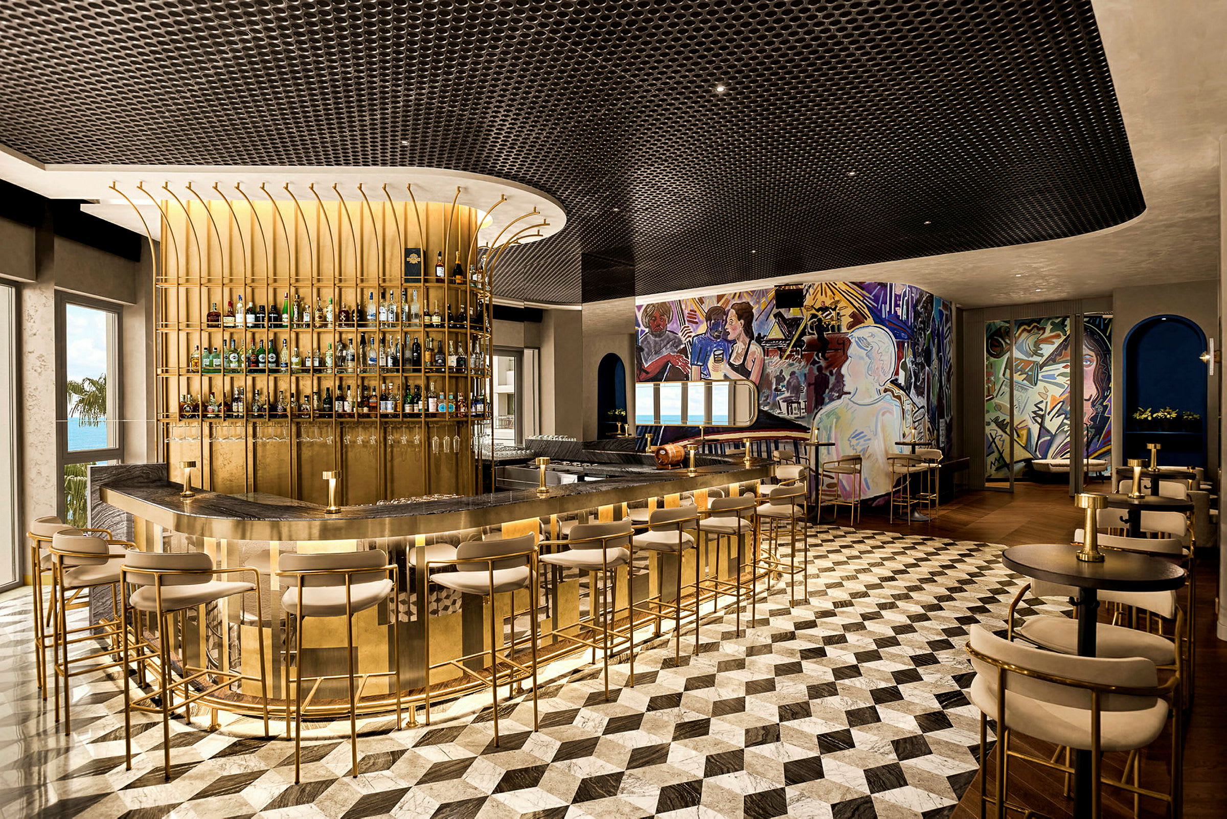 En elegant bar med guldinredning, geometriska golvplattor och konstnärliga väggmålningar. (AI-genererad text)