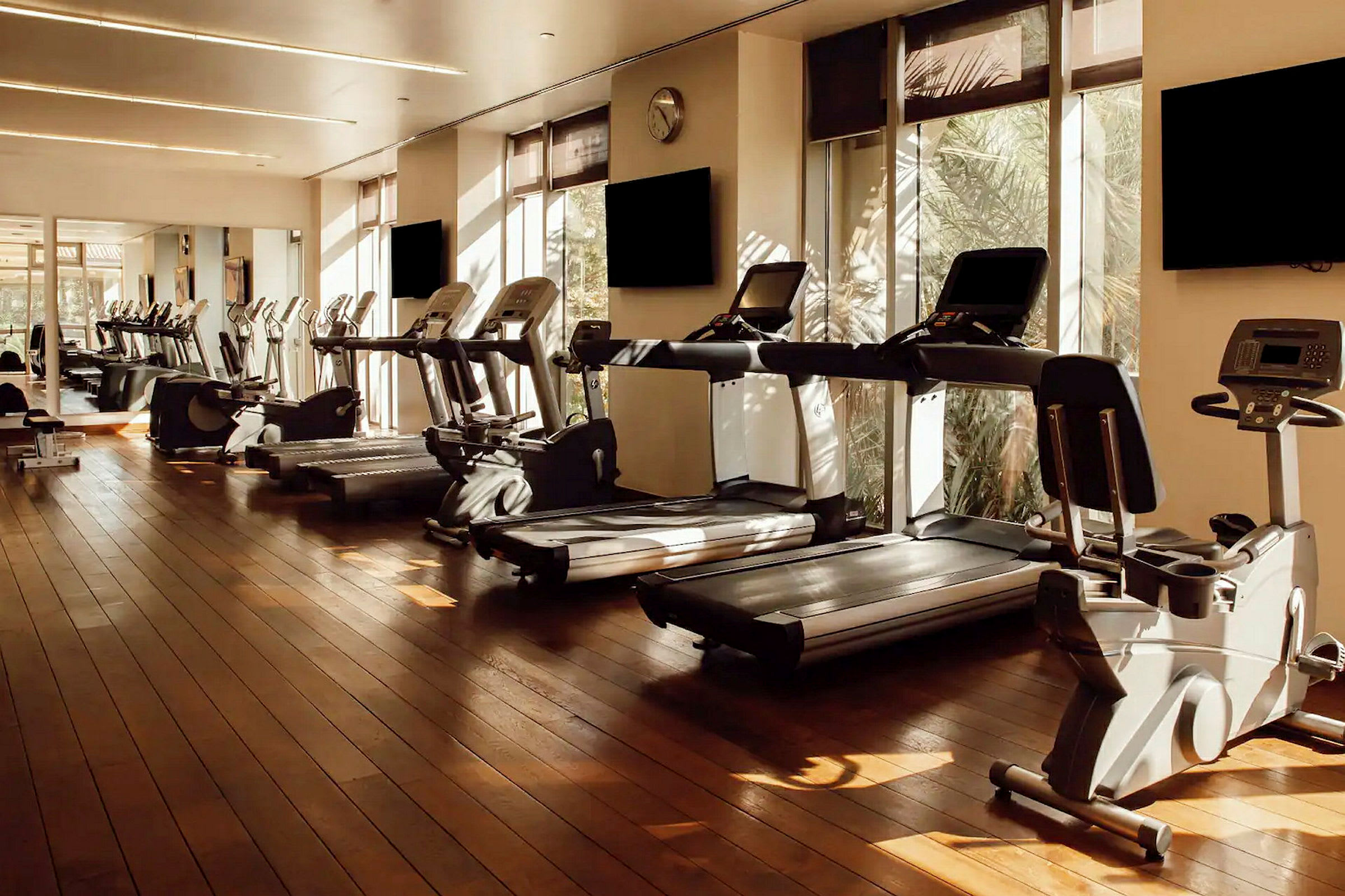 Ett gym med löpband, träningsmaskiner och motionscyklar i ett solbelyst rum. (AI-genererad text)