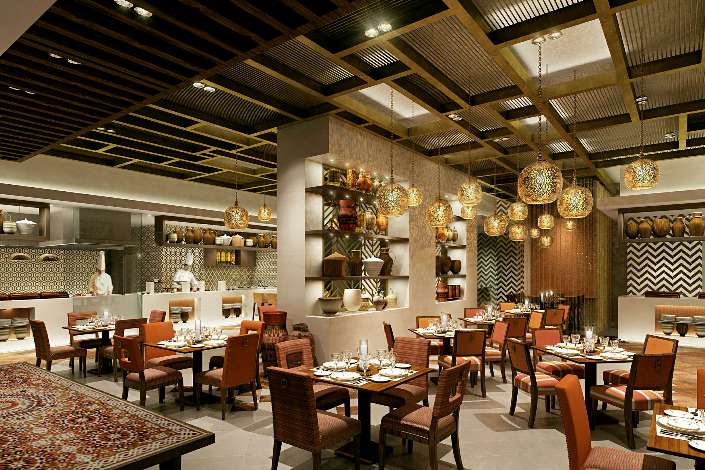 En elegant restaurang med stilfull inredning med runda lampor, hyllor fyllda med keramikkrukor och bord med dukar redo för servering. (AI-genererad text)