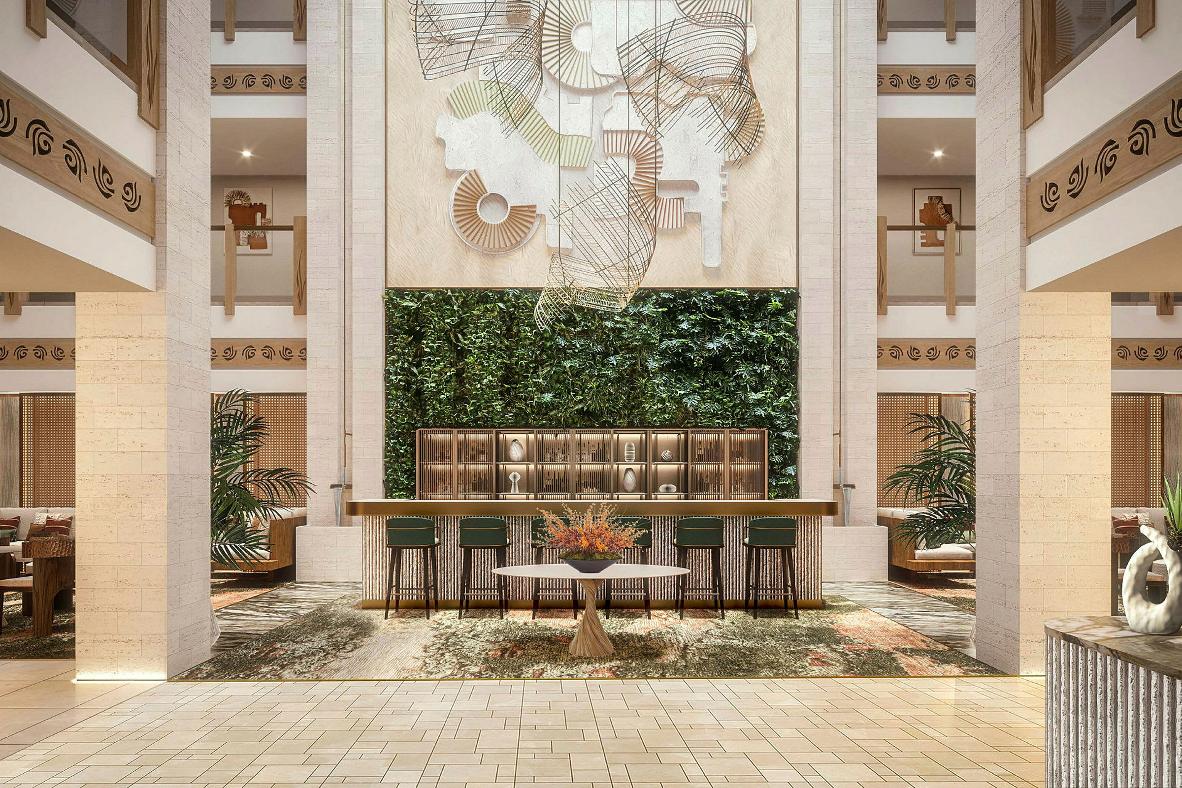 En hotellobby med grön växtvägg, sittmöbler och konstnärliga dekorationer. (AI-genererad text)